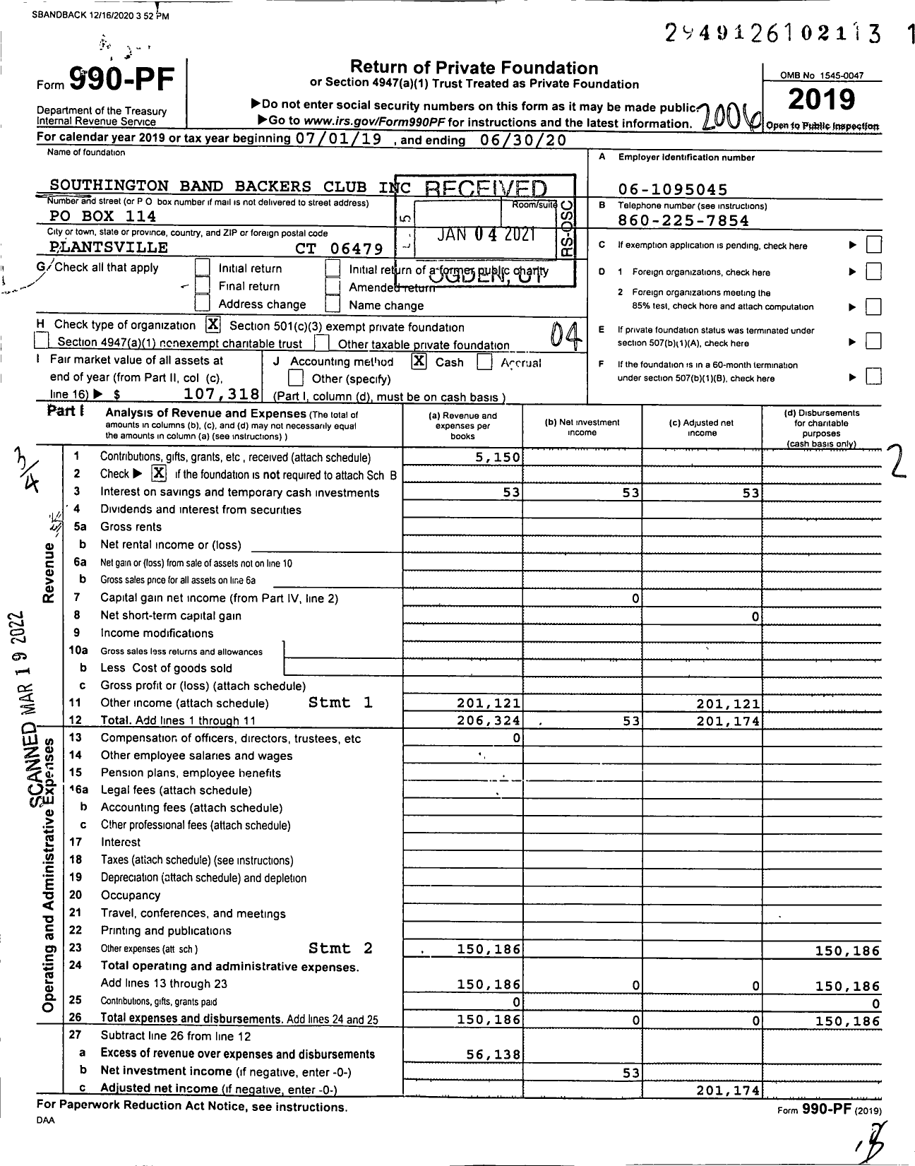 Image of first page of 2019 Form 990PF for Southington Band Backers Club