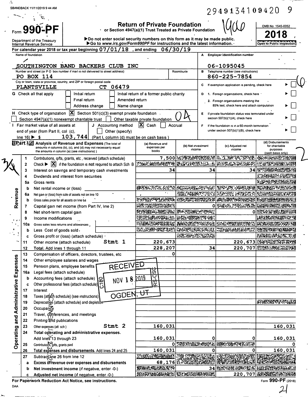 Image of first page of 2018 Form 990PF for Southington Band Backers Club