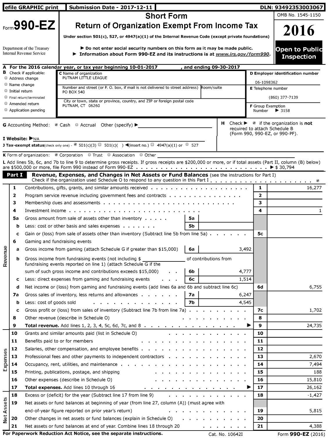 Image of first page of 2016 Form 990EZ for Little League Baseball - 2071109 Putnam LL