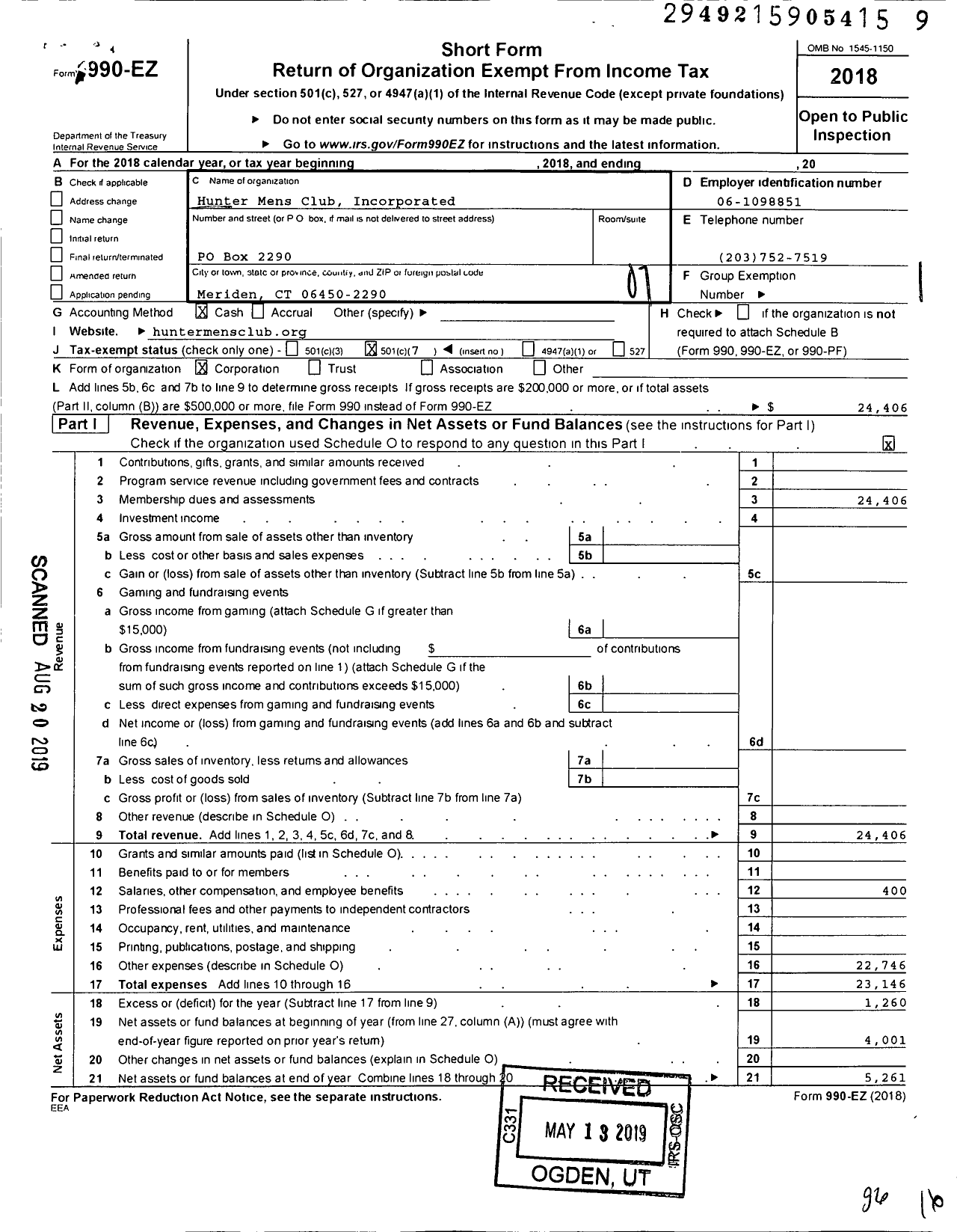 Image of first page of 2018 Form 990EO for Hunter Mens Club Incorporated