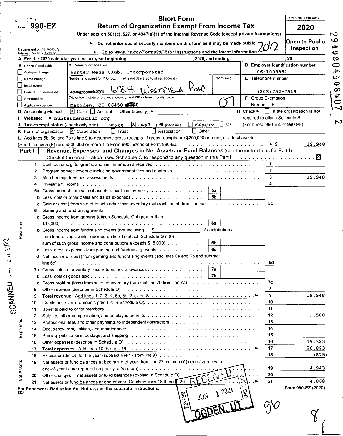 Image of first page of 2020 Form 990EO for Hunter Mens Club Incorporated