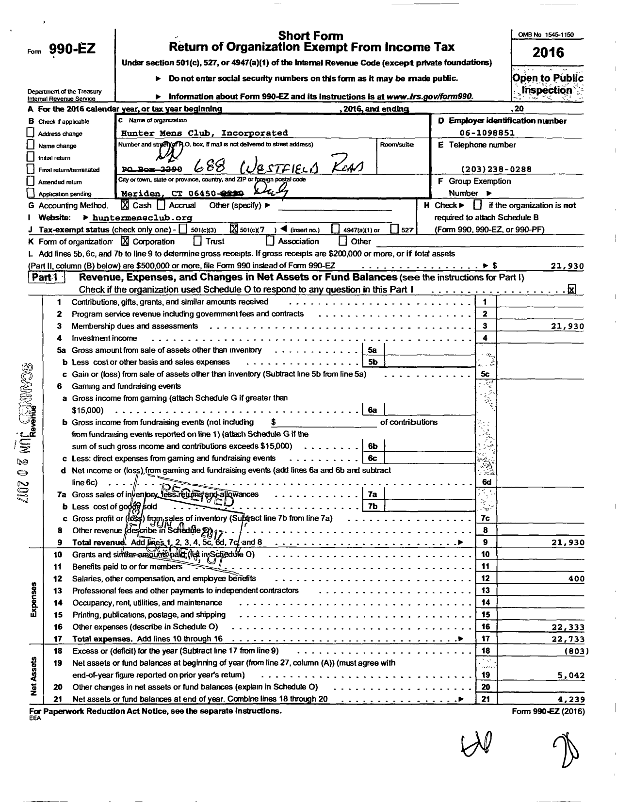 Image of first page of 2016 Form 990EO for Hunter Mens Club Incorporated