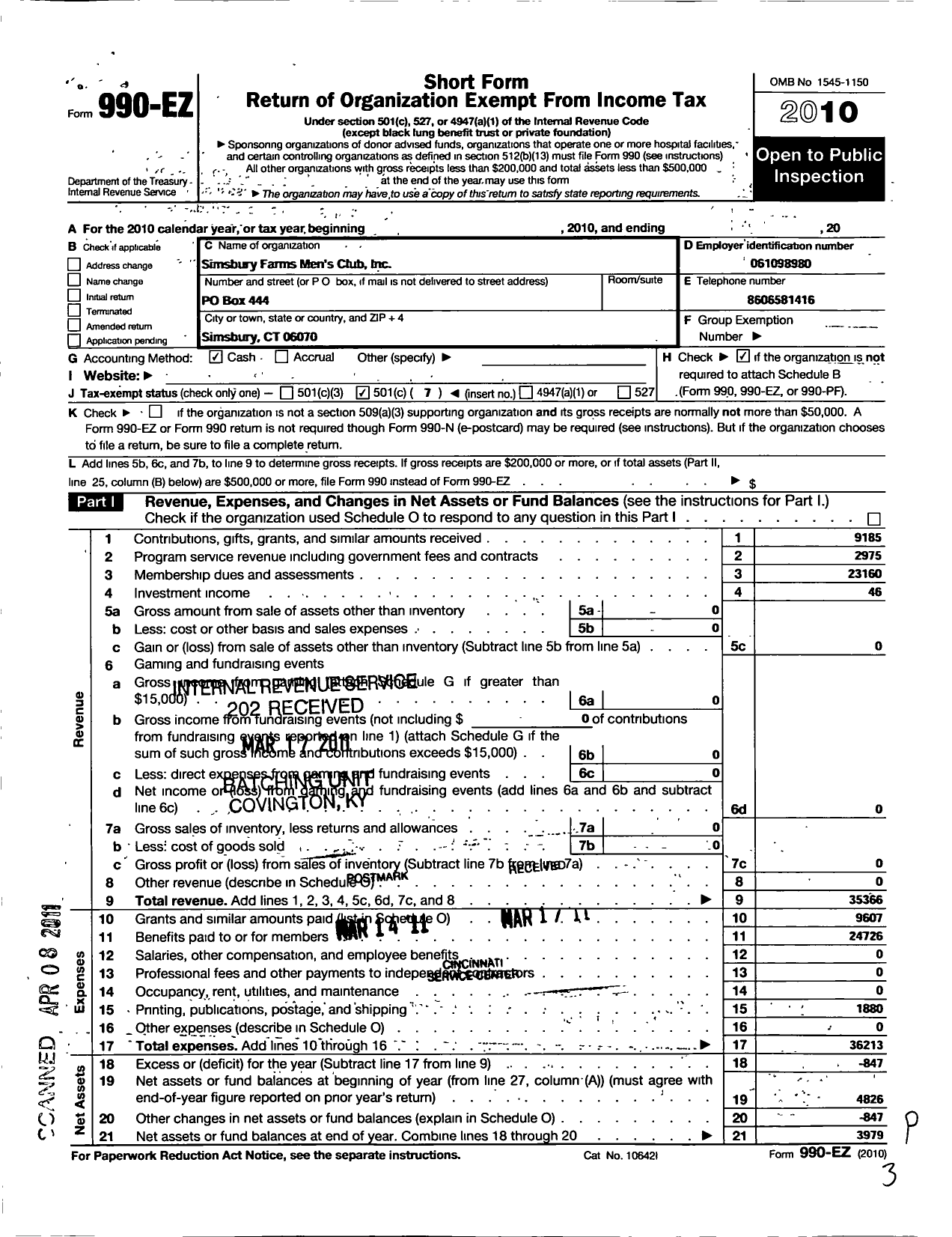 Image of first page of 2010 Form 990EO for Simsbury Farms Mens Club