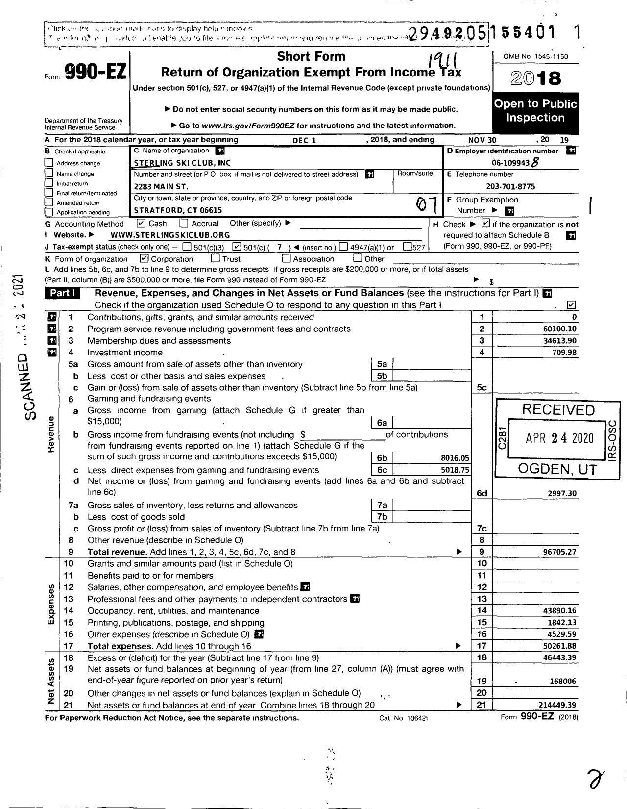 Image of first page of 2018 Form 990EO for Sterling Ski Club