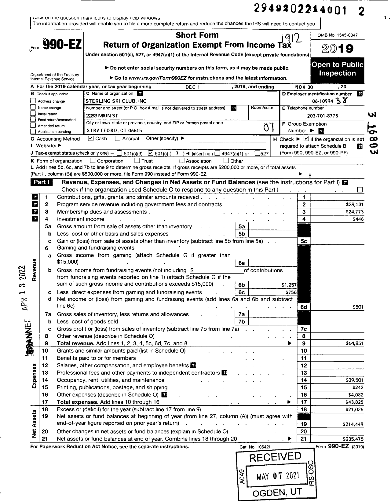 Image of first page of 2019 Form 990EO for Sterling Ski Club