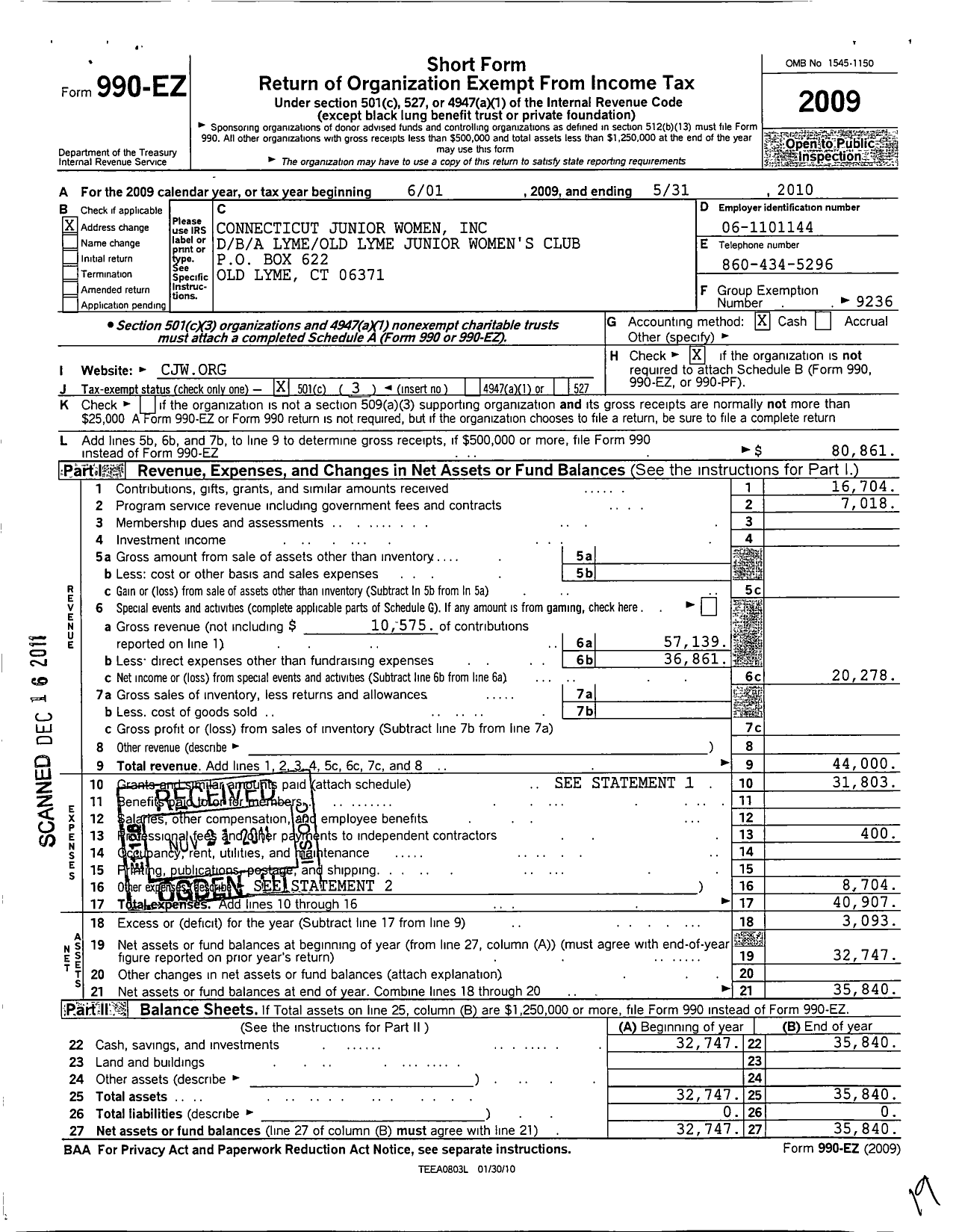 Image of first page of 2009 Form 990EZ for Connecticut Junior Women / Lyme Old Lyme Junior Womens Club