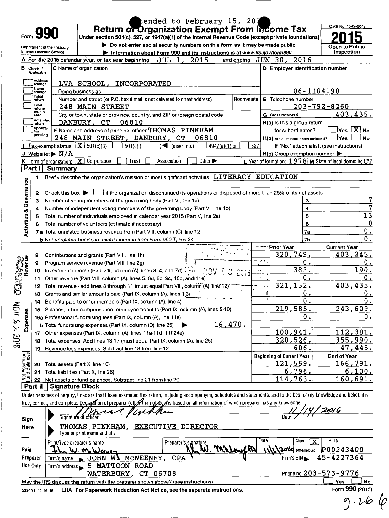Image of first page of 2015 Form 990 for Lva School Incorporated