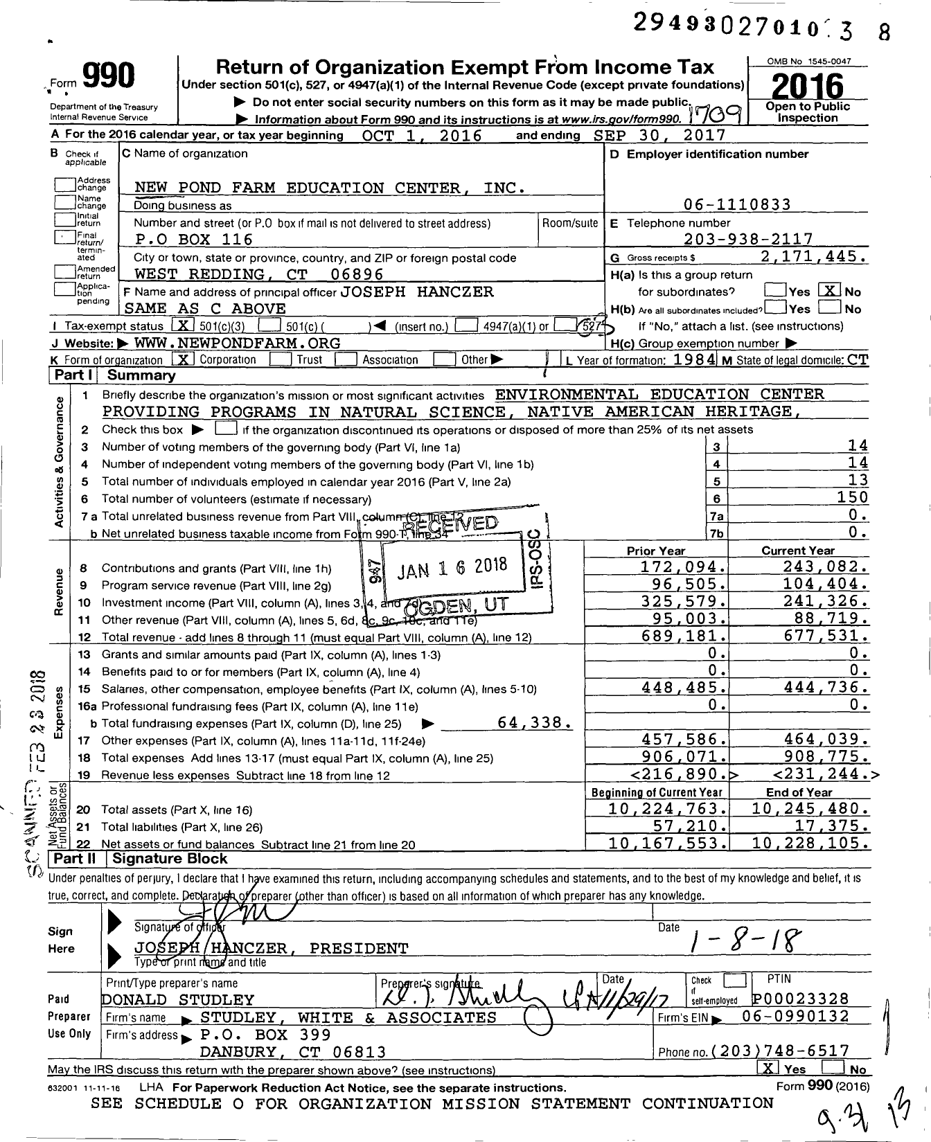 Image of first page of 2016 Form 990 for New Pond Farm Education Center