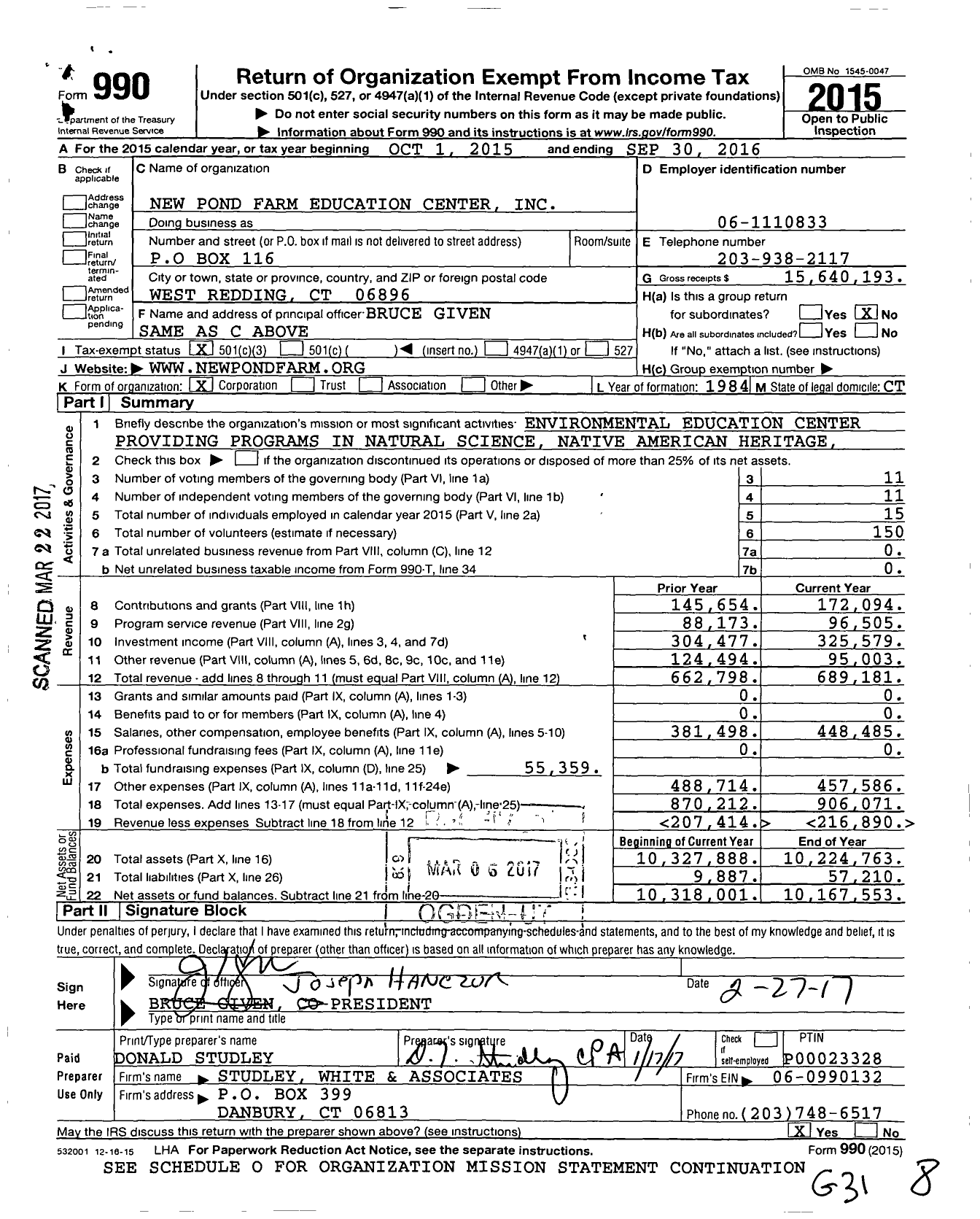 Image of first page of 2015 Form 990 for New Pond Farm Education Center