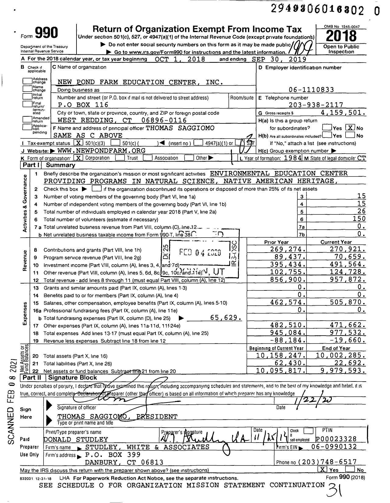 Image of first page of 2018 Form 990 for New Pond Farm Education Center