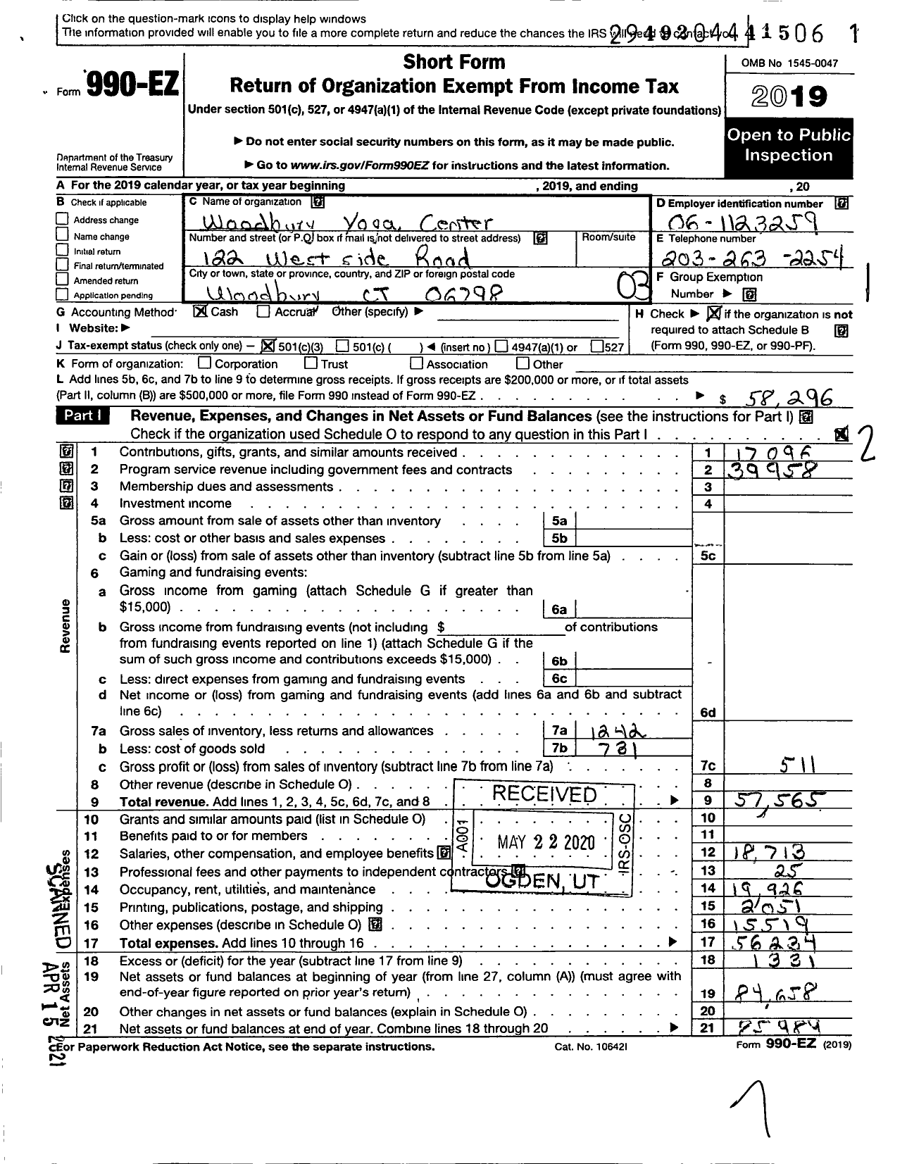 Image of first page of 2019 Form 990EZ for Woodbury Yoga Center