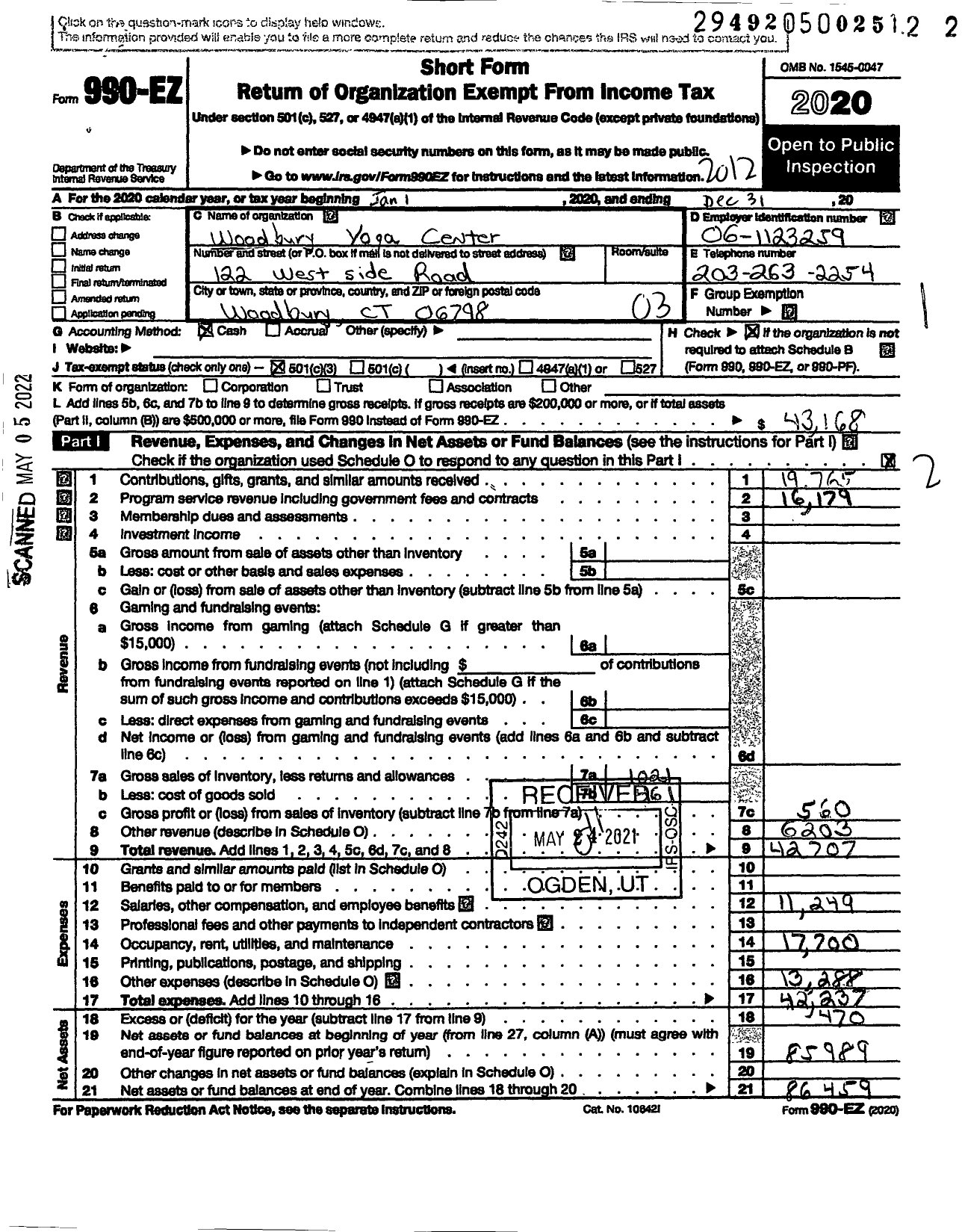 Image of first page of 2020 Form 990EZ for Woodbury Yoga Center