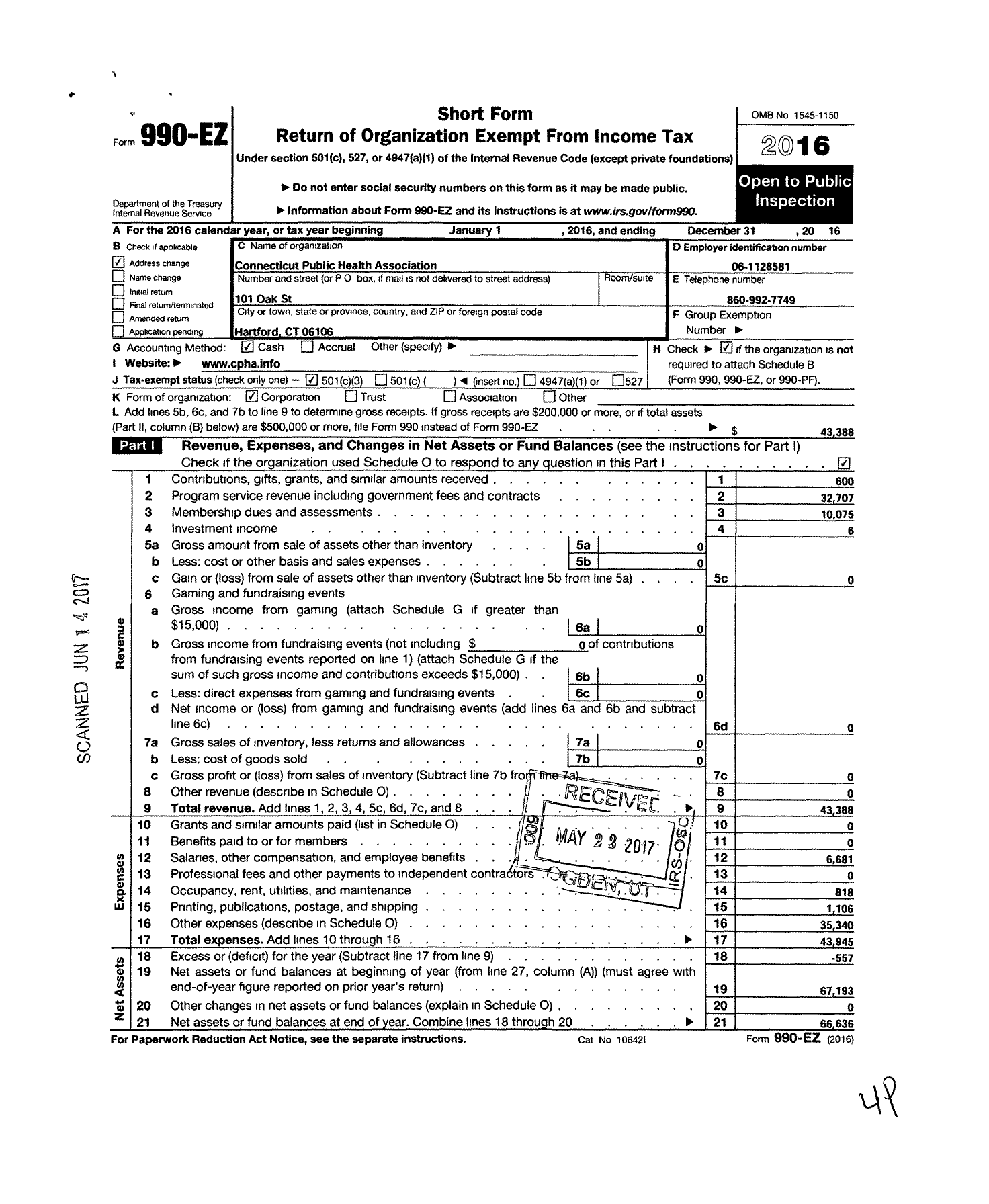 Image of first page of 2016 Form 990EZ for Connecticut Public Health Association