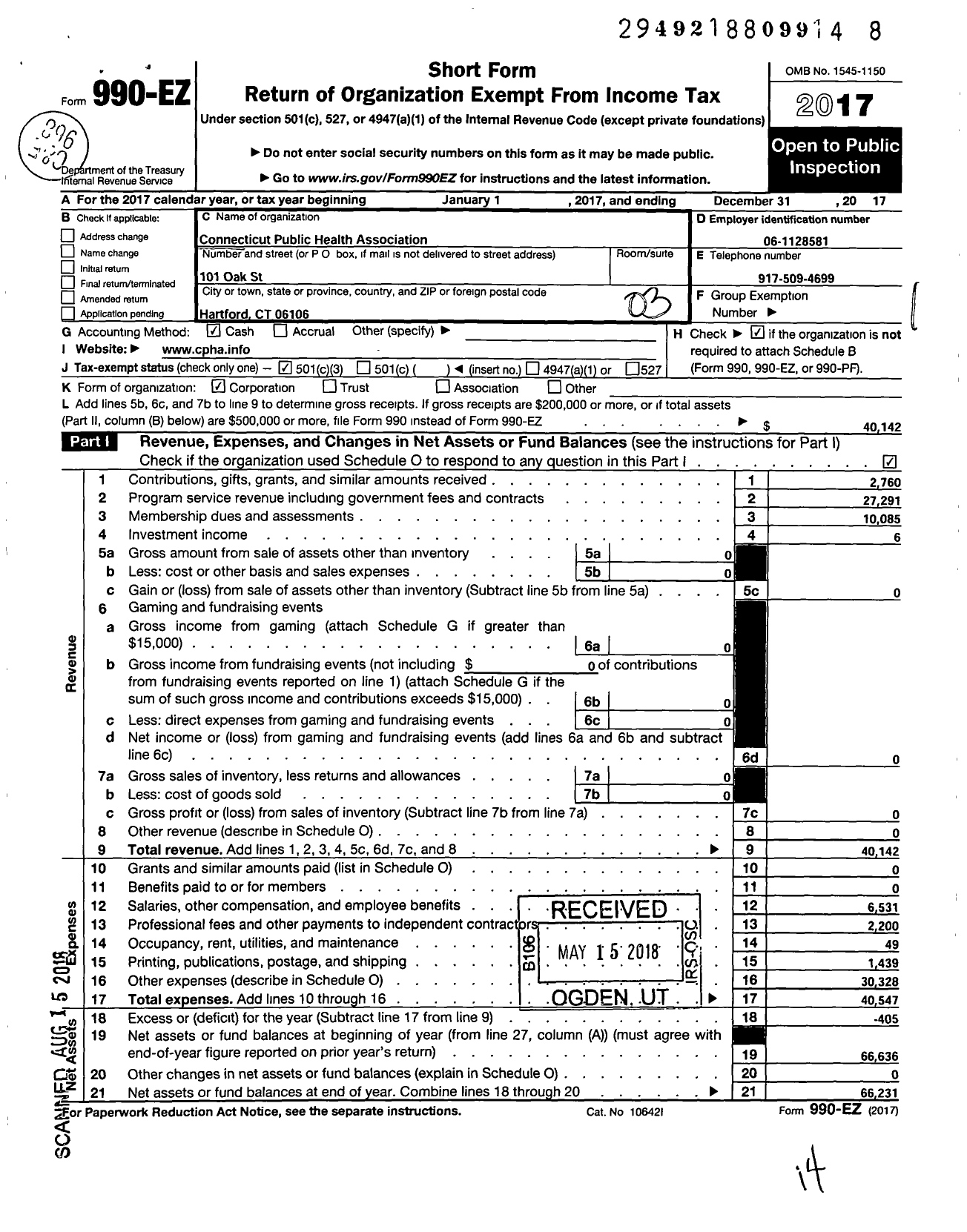 Image of first page of 2017 Form 990EZ for Connecticut Public Health Association