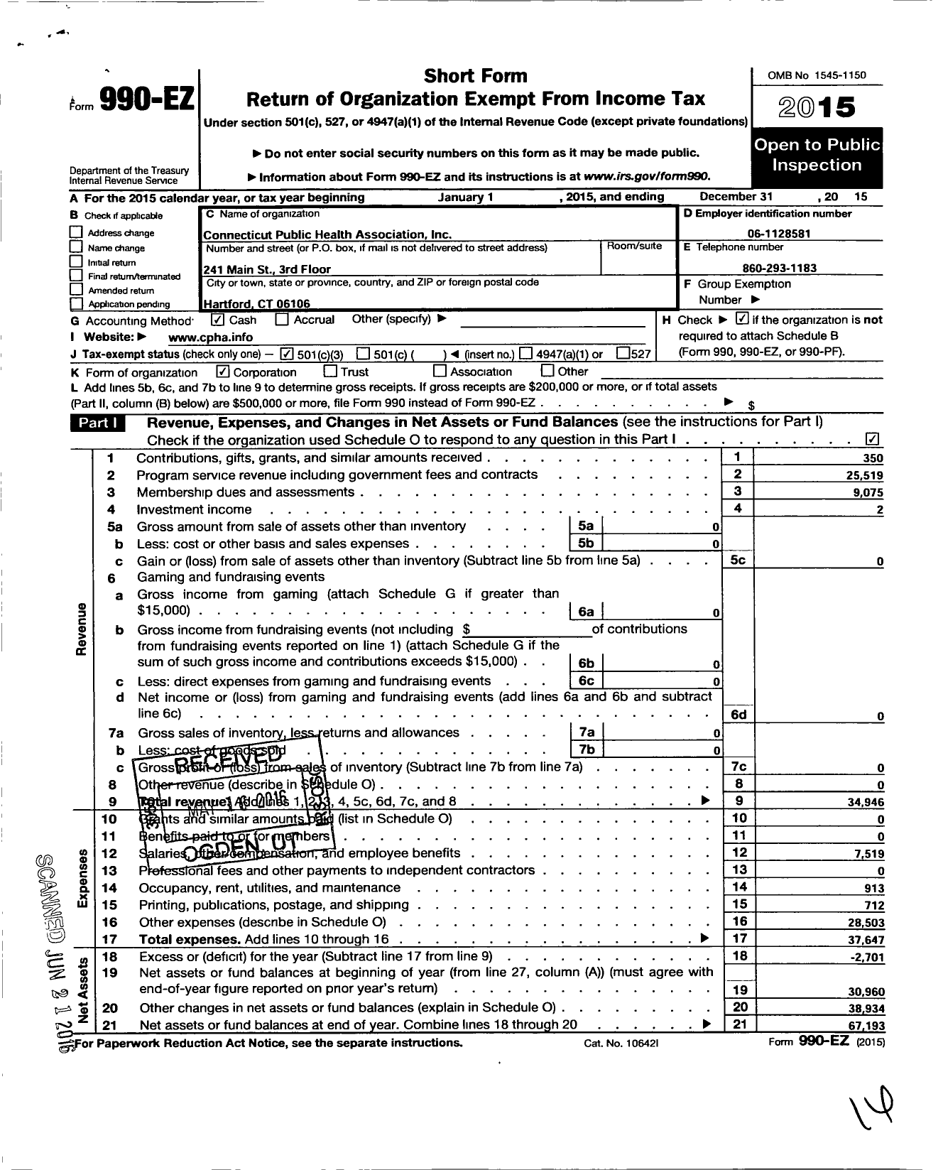 Image of first page of 2015 Form 990EZ for Connecticut Public Health Association