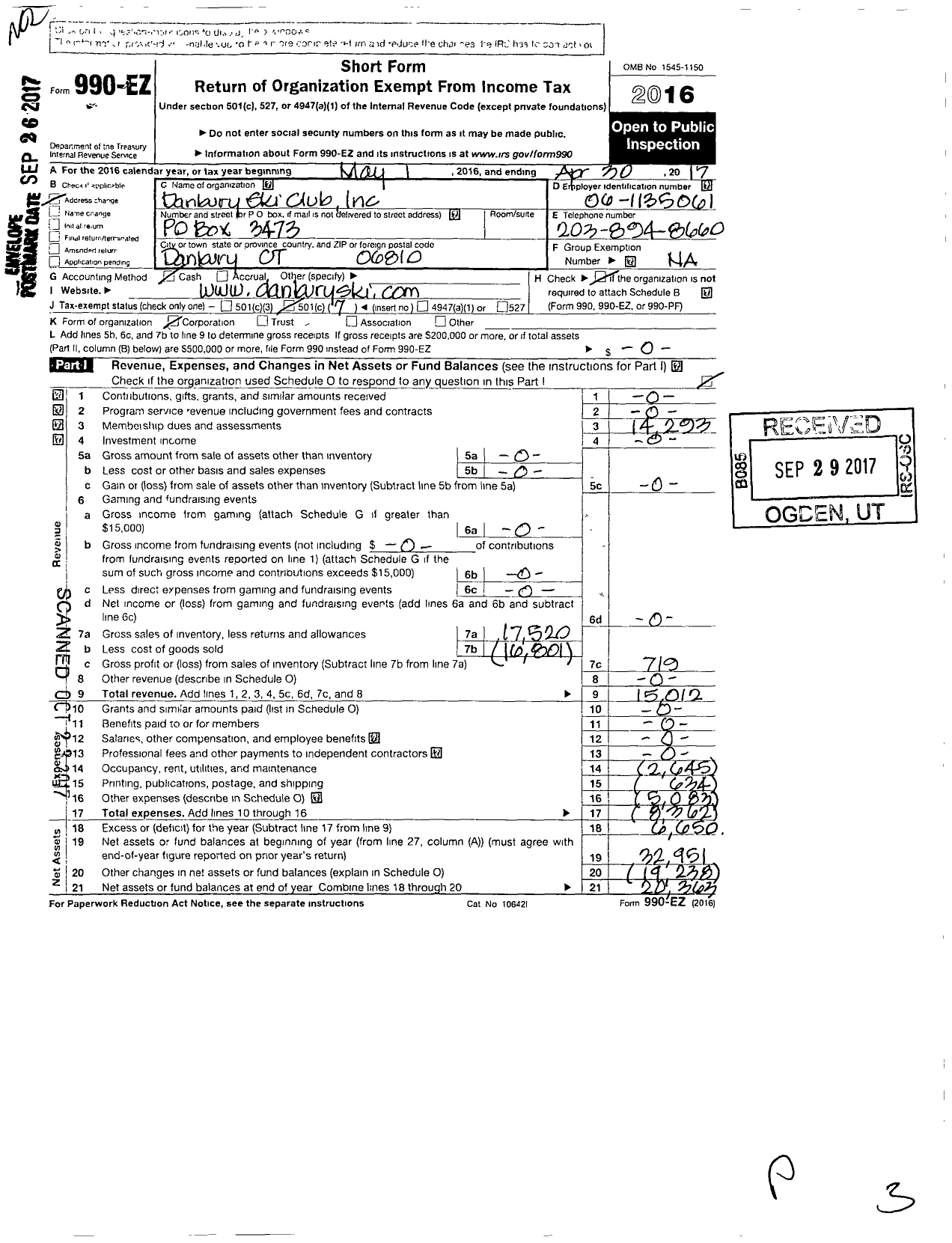 Image of first page of 2016 Form 990EO for Danbury Ski Club