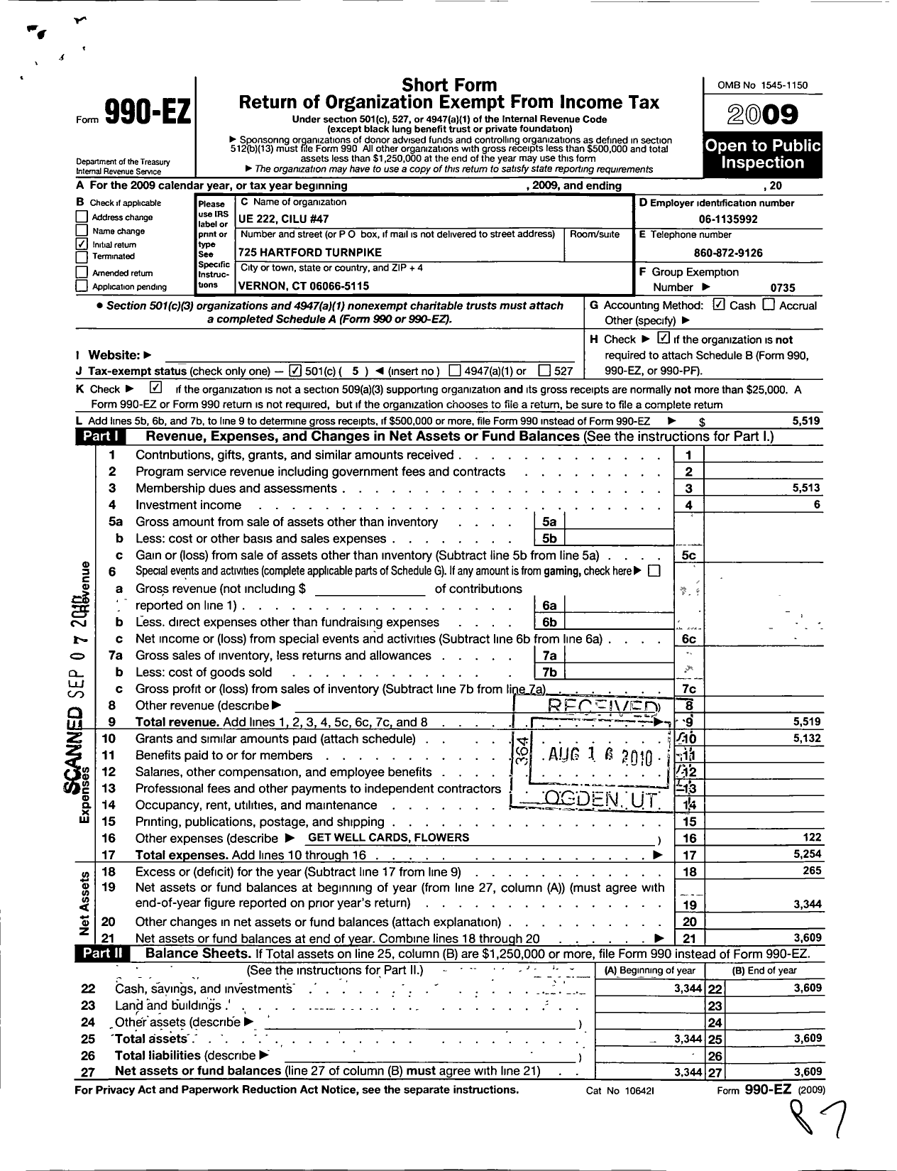 Image of first page of 2009 Form 990EO for United Electrical Radio and Machine Workers of America / 222-47 Ue Local