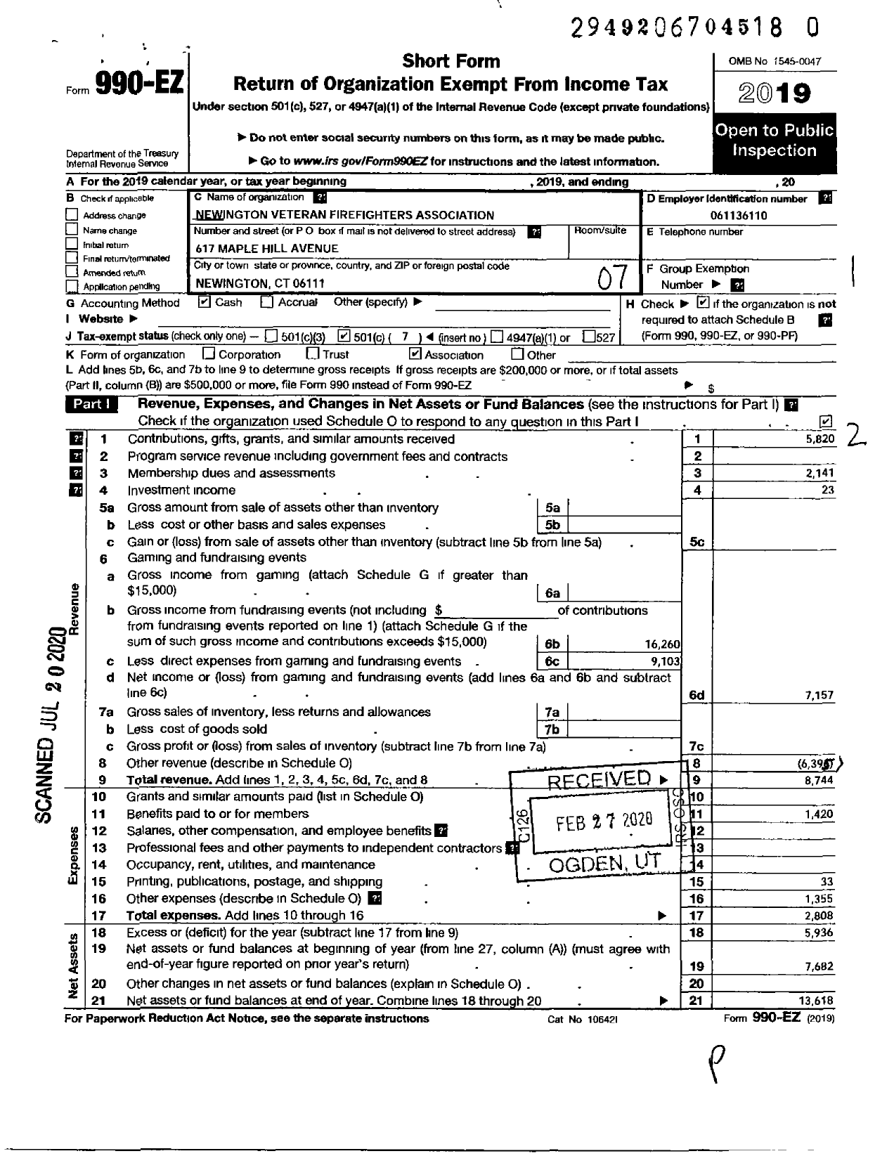 Image of first page of 2019 Form 990EO for Newington Veteran Firefighters Association