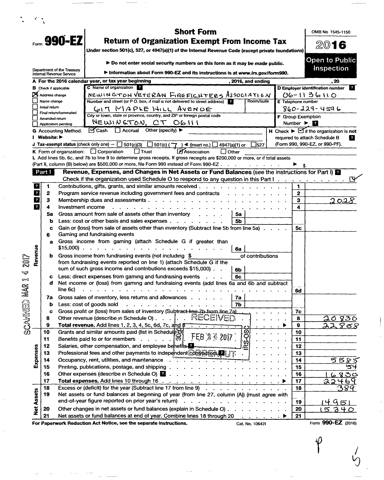 Image of first page of 2016 Form 990EO for Newington Veteran Firefighters Association