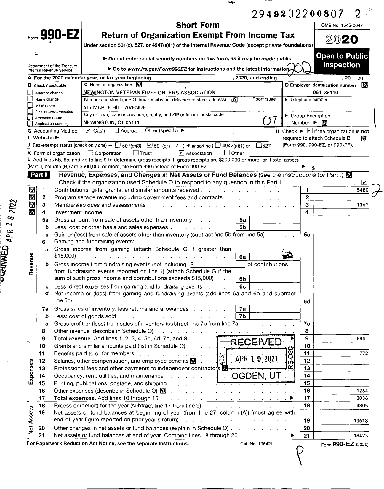 Image of first page of 2020 Form 990EO for Newington Veteran Firefighters Association