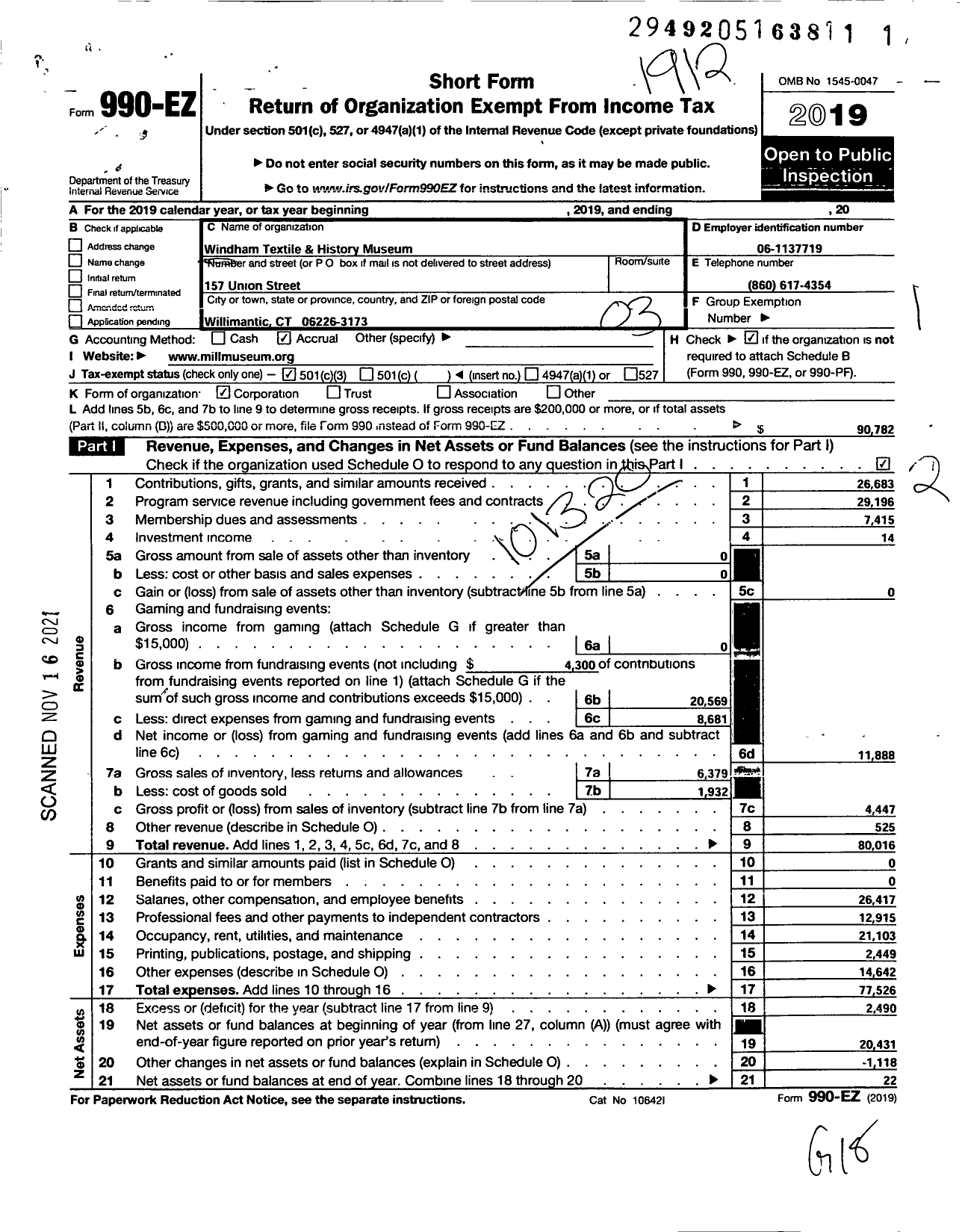 Image of first page of 2019 Form 990EZ for Windham Textile and History Museum
