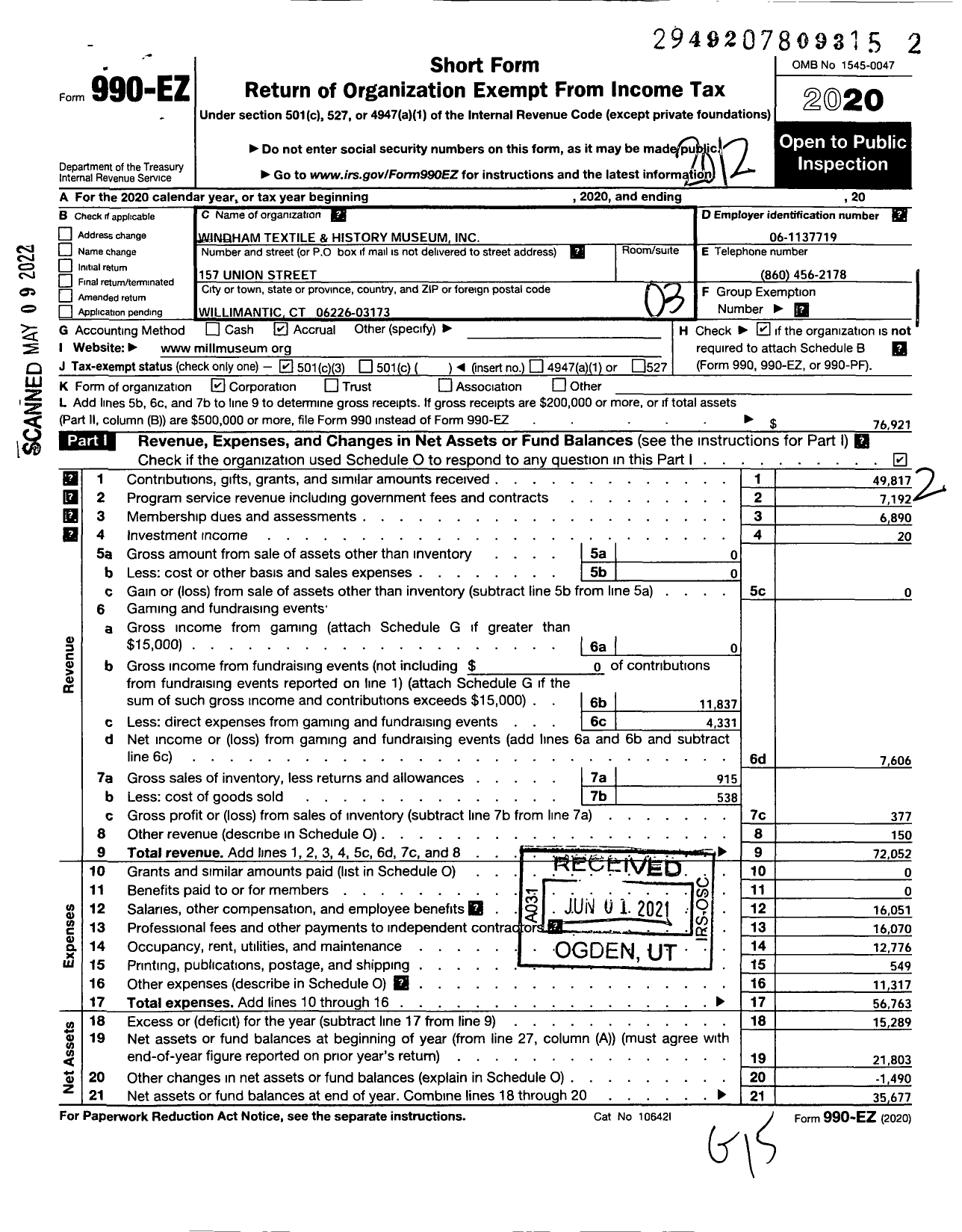 Image of first page of 2020 Form 990EZ for Windham Textile and History Museum