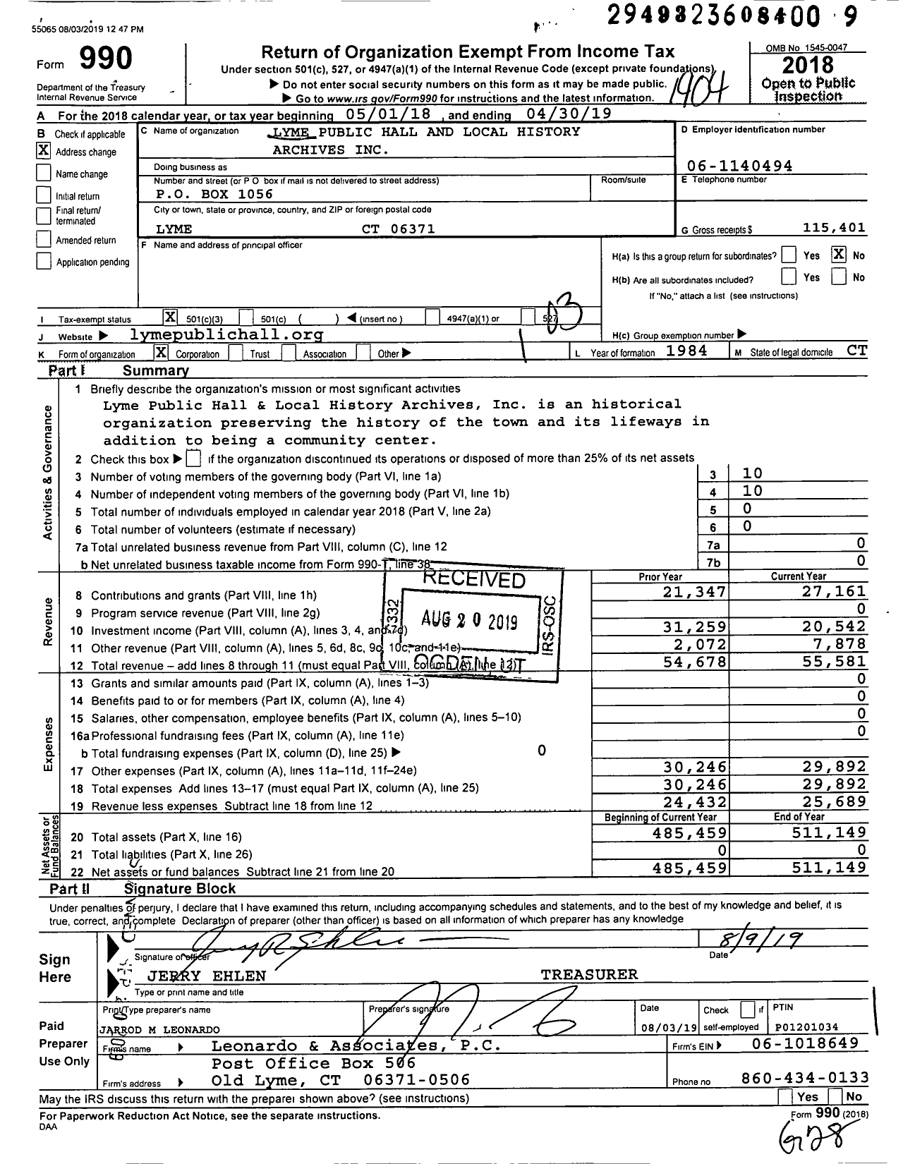 Image of first page of 2018 Form 990 for Lyme Public Hall and Local History Archives