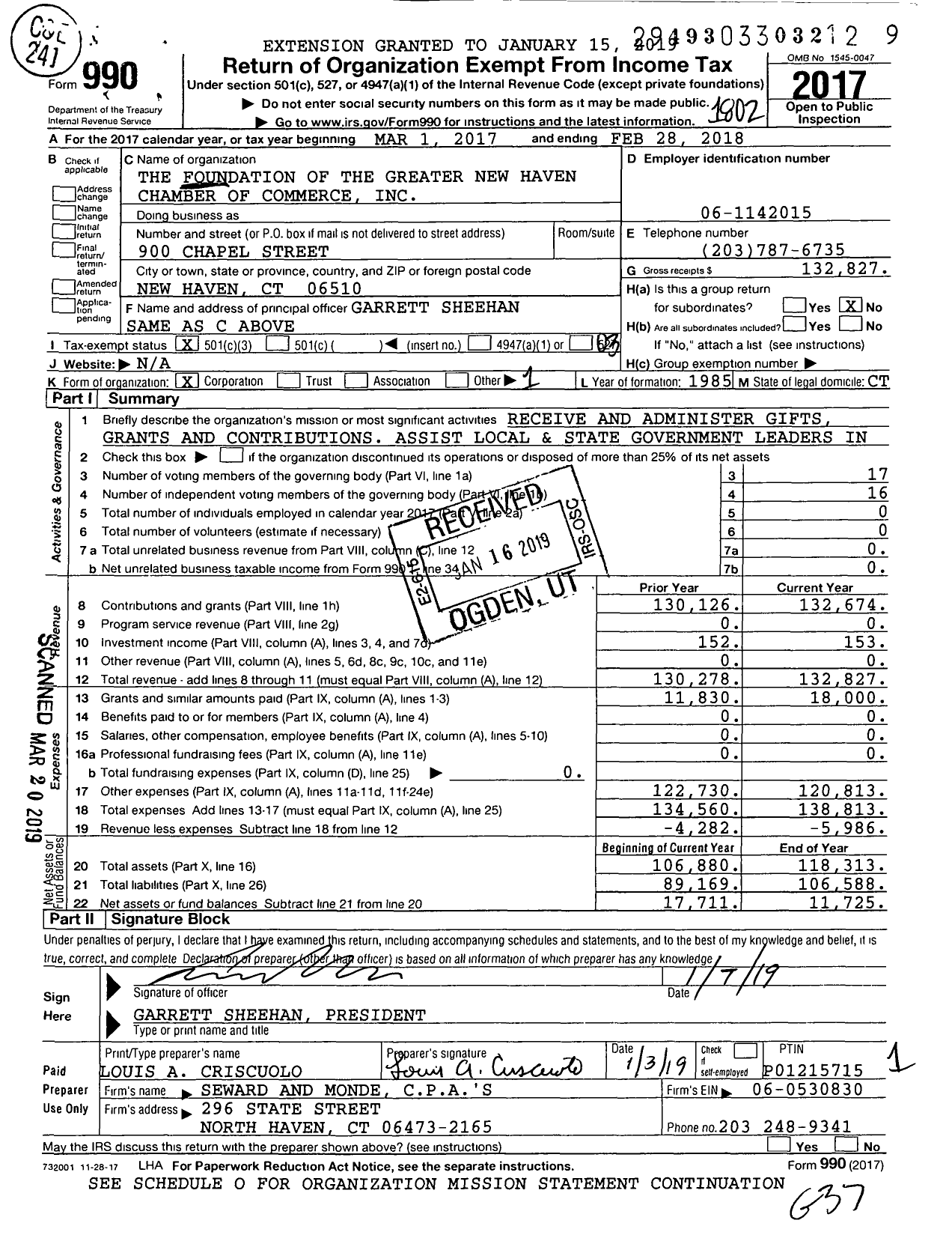 Image of first page of 2017 Form 990 for The Foundation of the Greater New Haven Chamber of Commerce