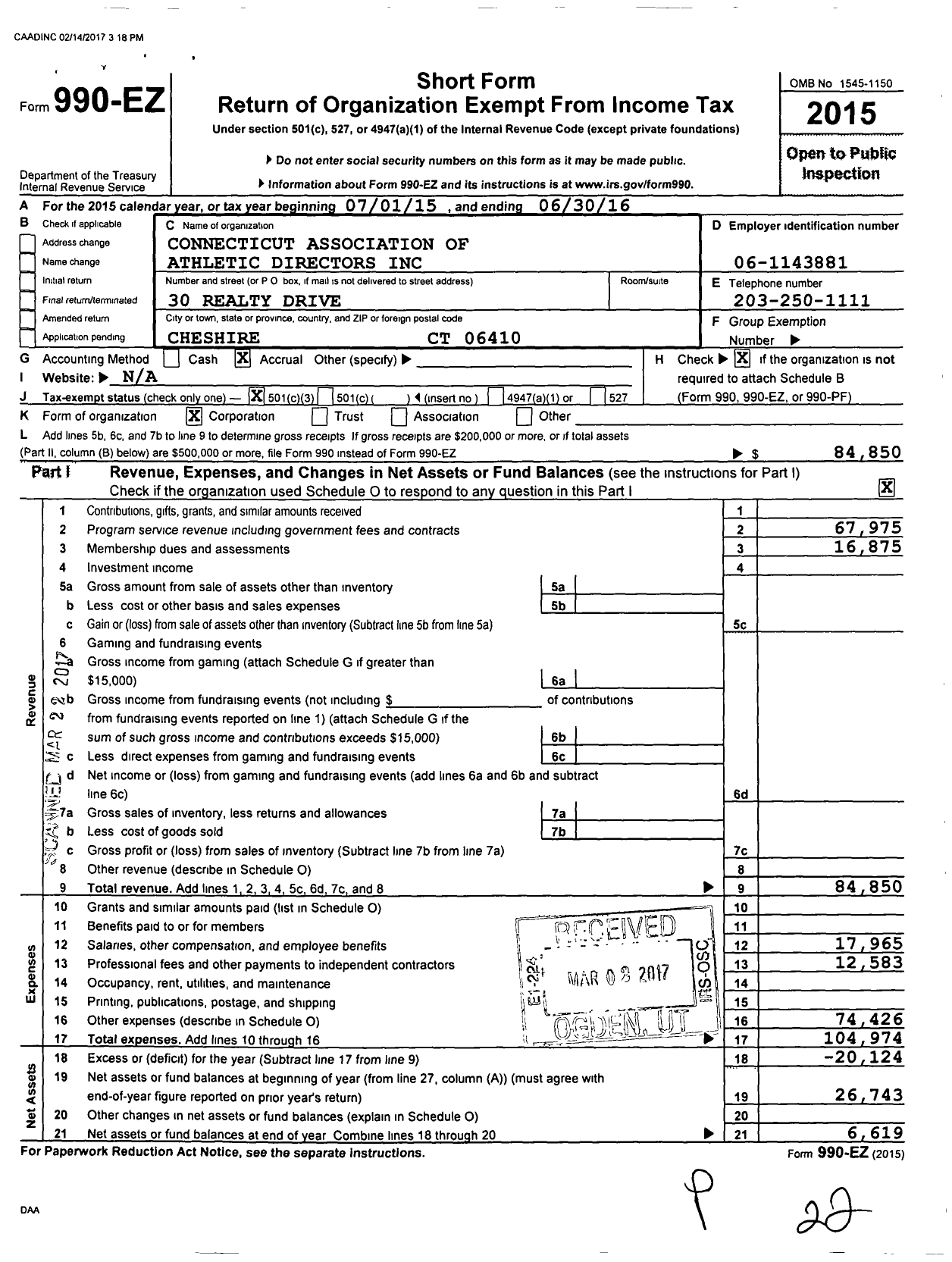 Image of first page of 2015 Form 990EZ for Connecticut Association of Athletic Directors