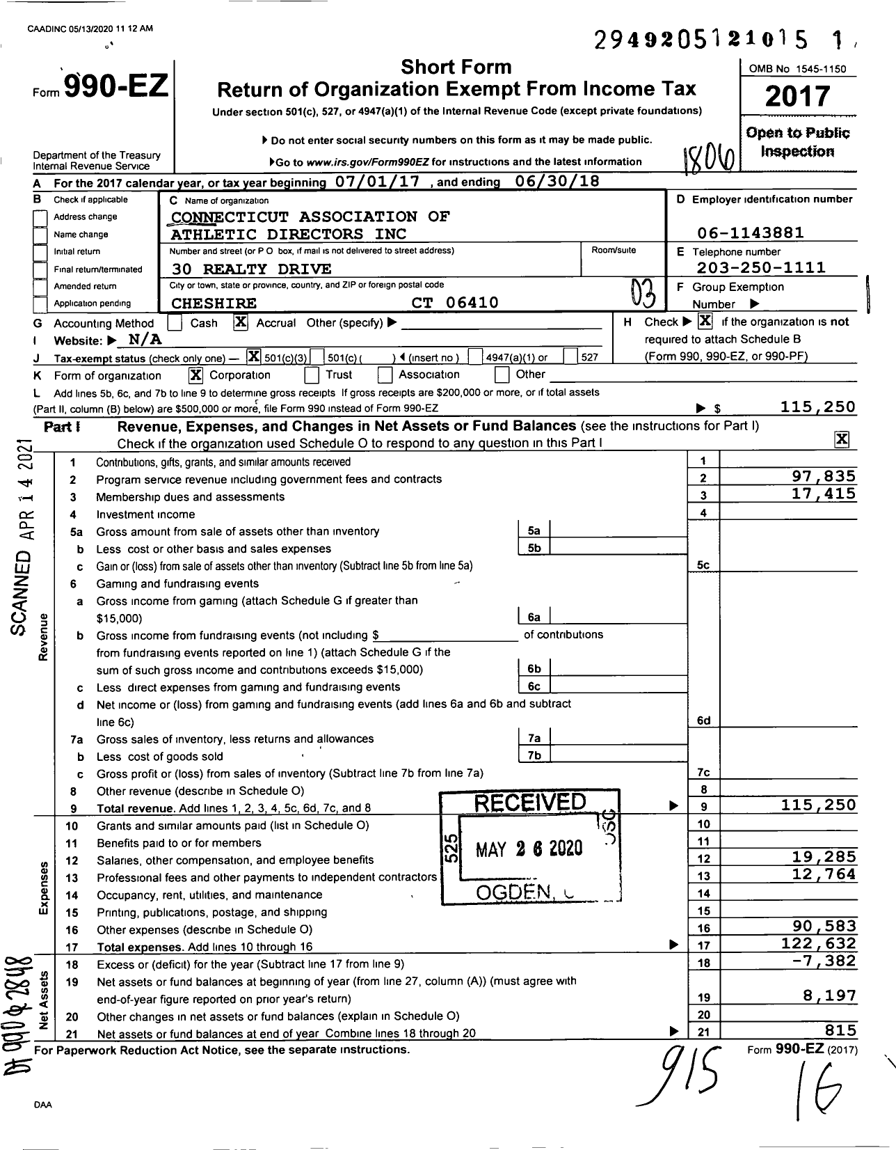 Image of first page of 2017 Form 990EZ for Connecticut Association of Athletic Directors