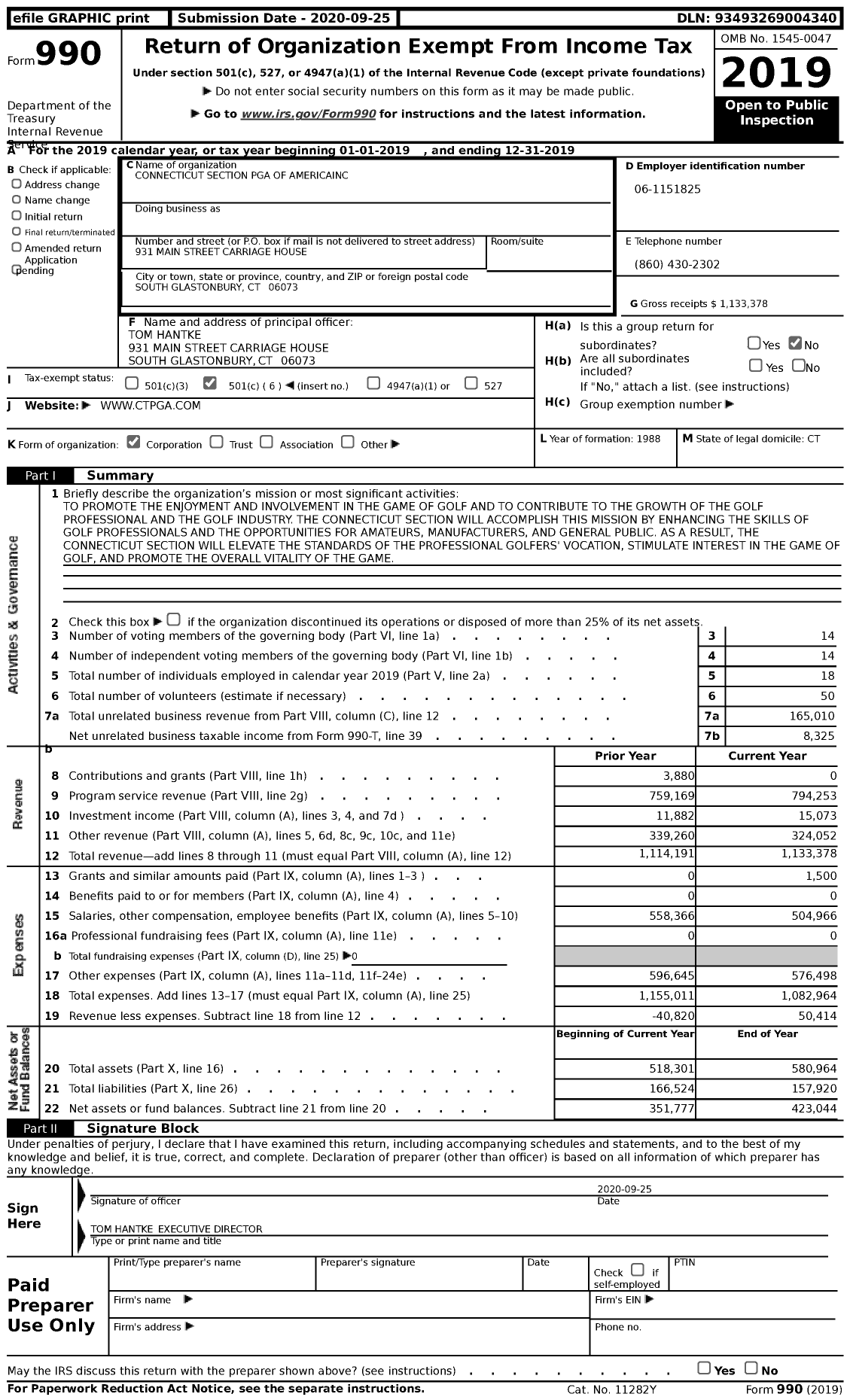 Image of first page of 2019 Form 990 for Connecticut Section Professional Golfers' Association