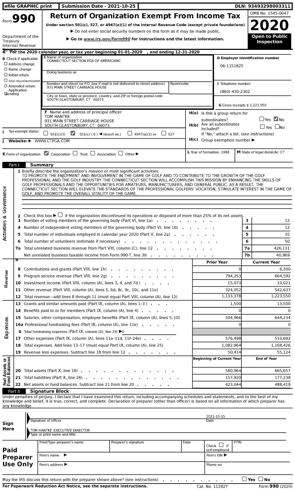 Image of first page of 2020 Form 990 for Connecticut Section Professional Golfers' Association