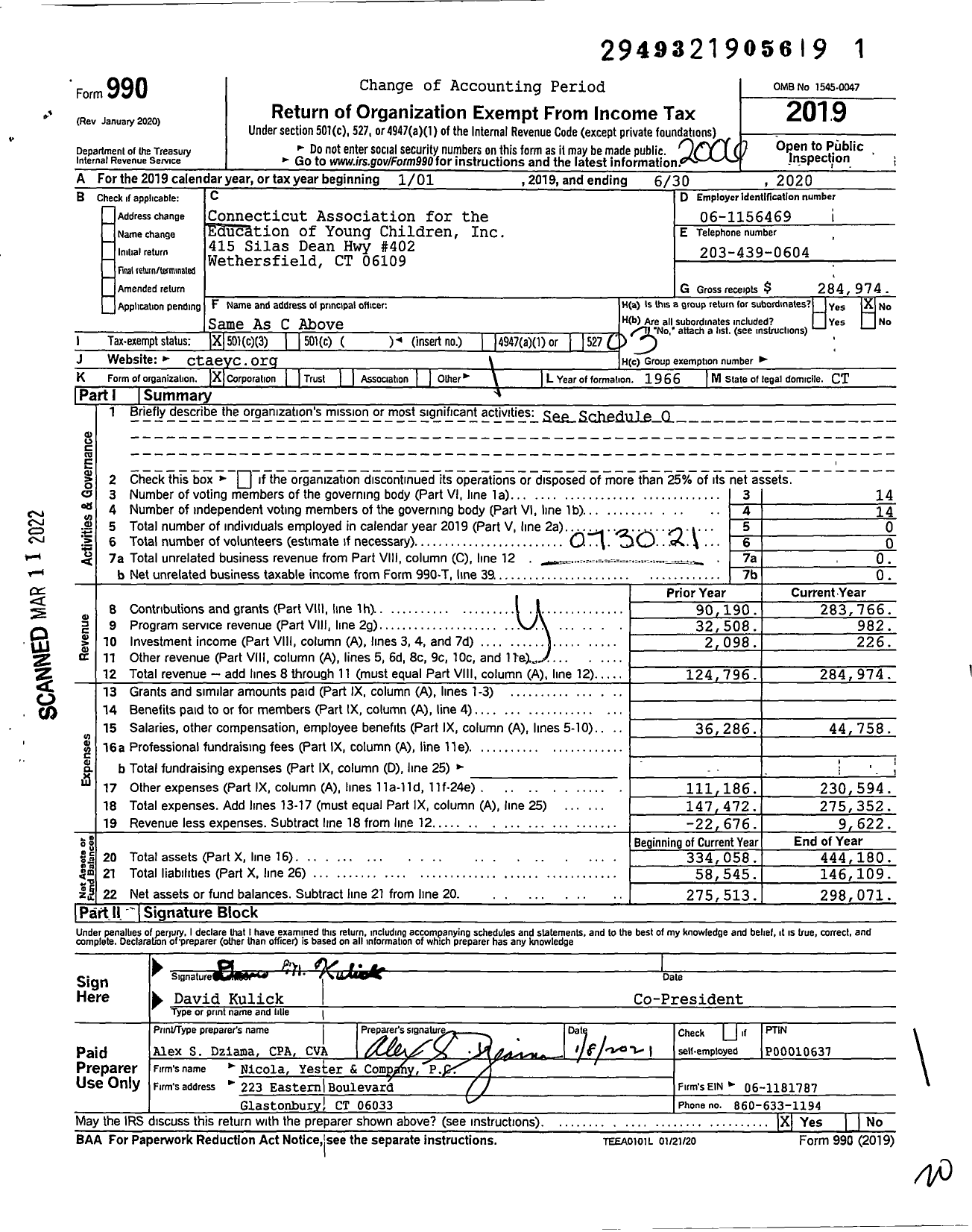 Image of first page of 2019 Form 990 for Connecticut Association for the Education of Young Children
