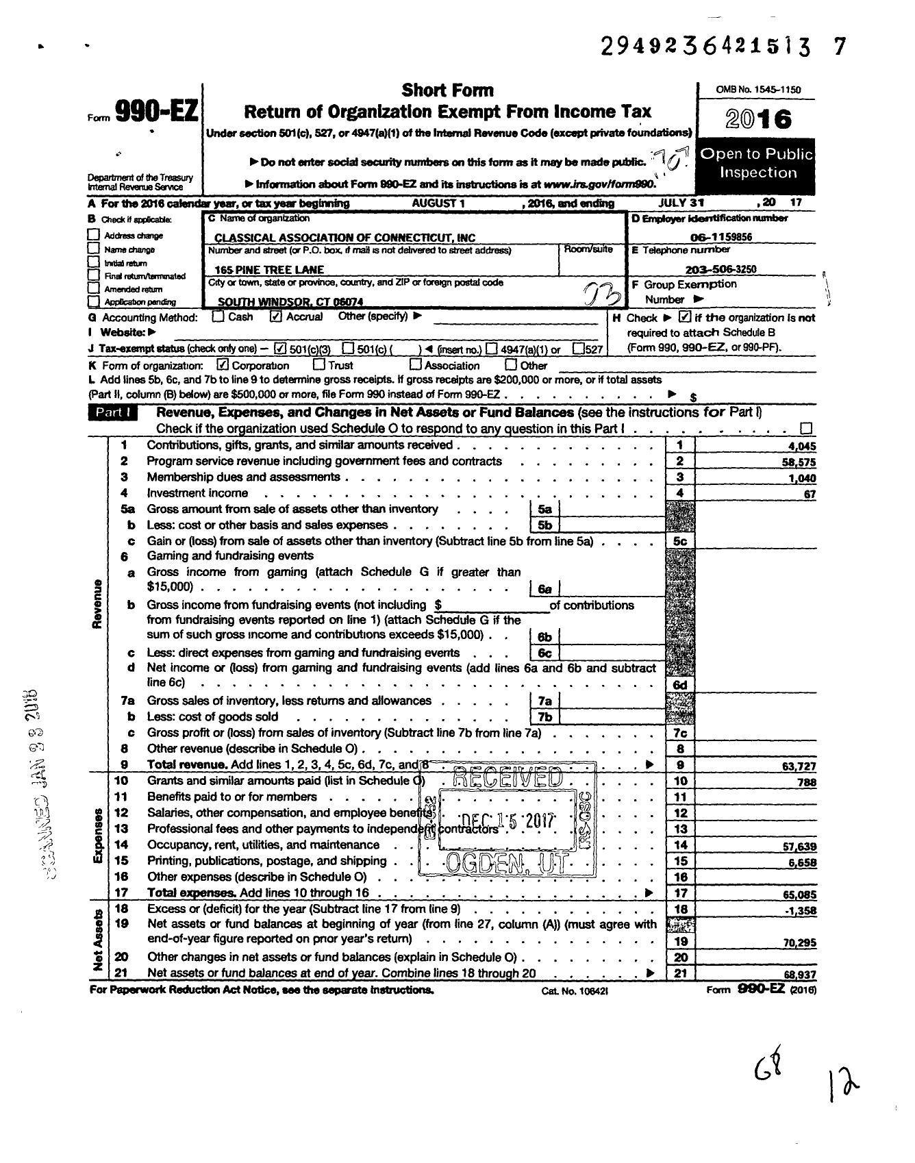 Image of first page of 2016 Form 990EZ for Classical Association of Connecticut