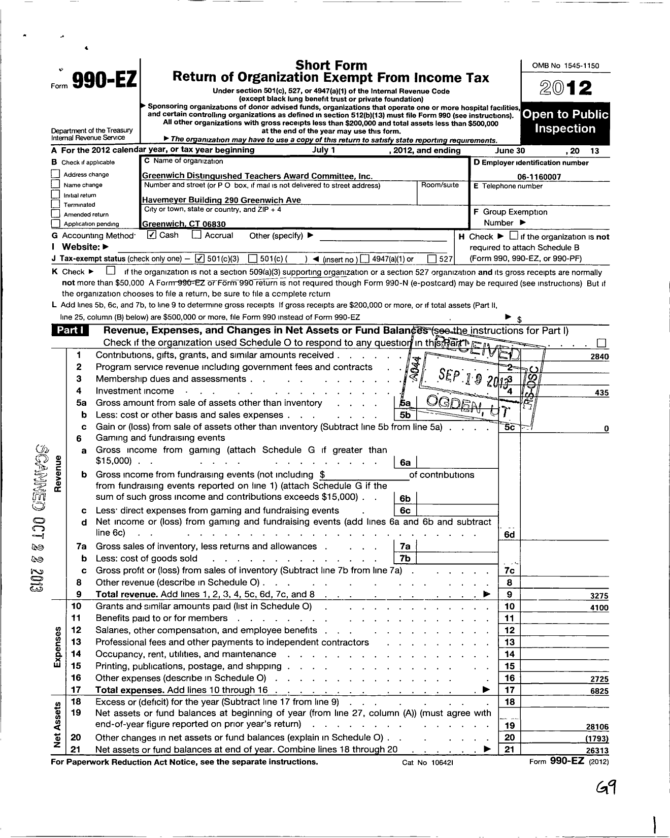 Image of first page of 2012 Form 990EZ for Greenwich Distinguished Teachers Award Committee