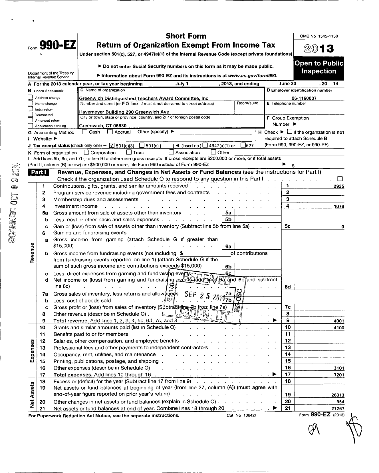 Image of first page of 2013 Form 990EZ for Greenwich Distinguished Teachers Award Committee