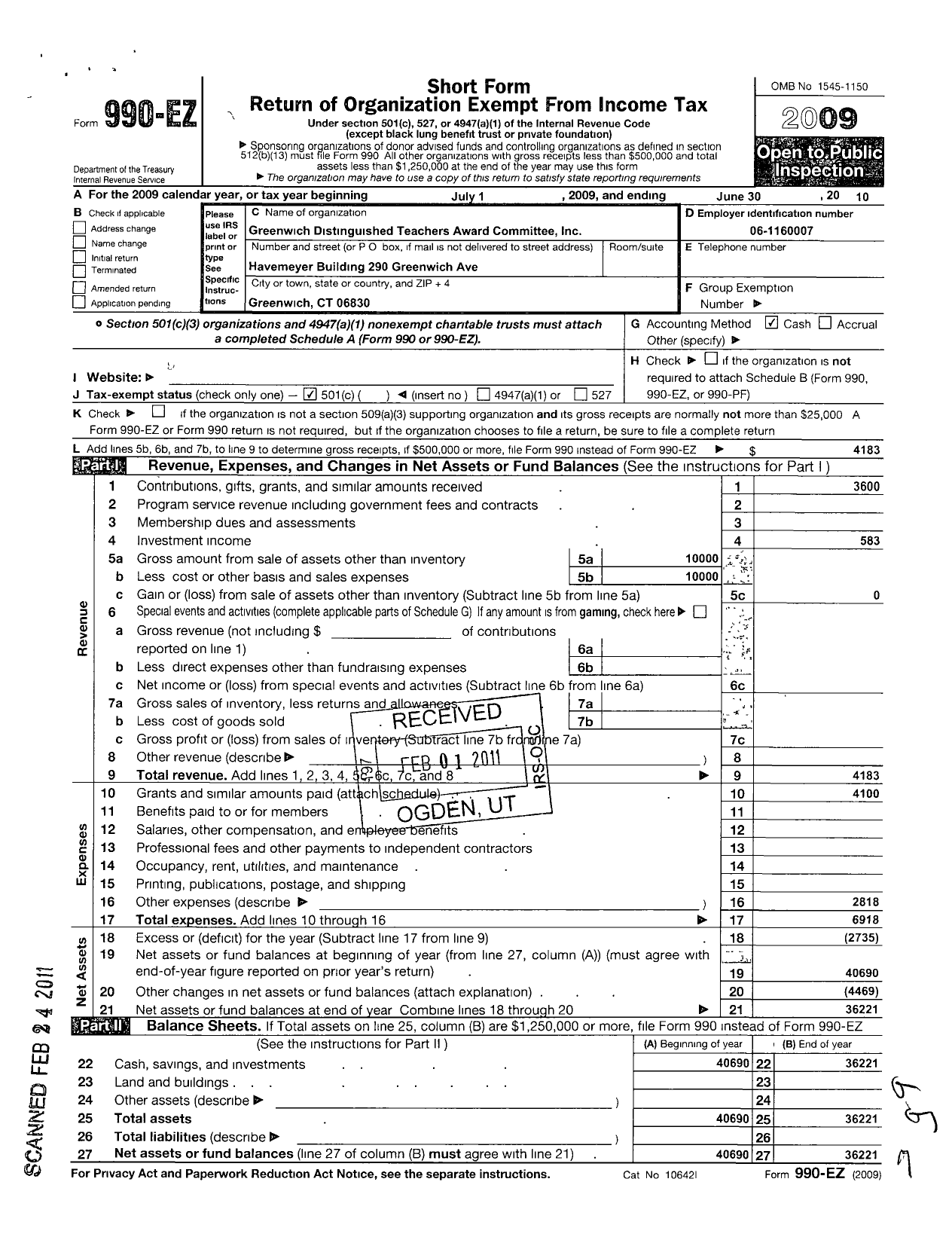 Image of first page of 2009 Form 990EO for Greenwich Distinguished Teachers Award Committee