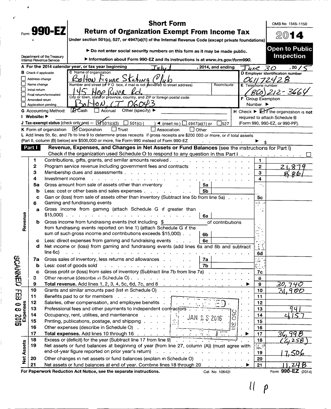 Image of first page of 2014 Form 990EZ for Bolton Figure Skating Club