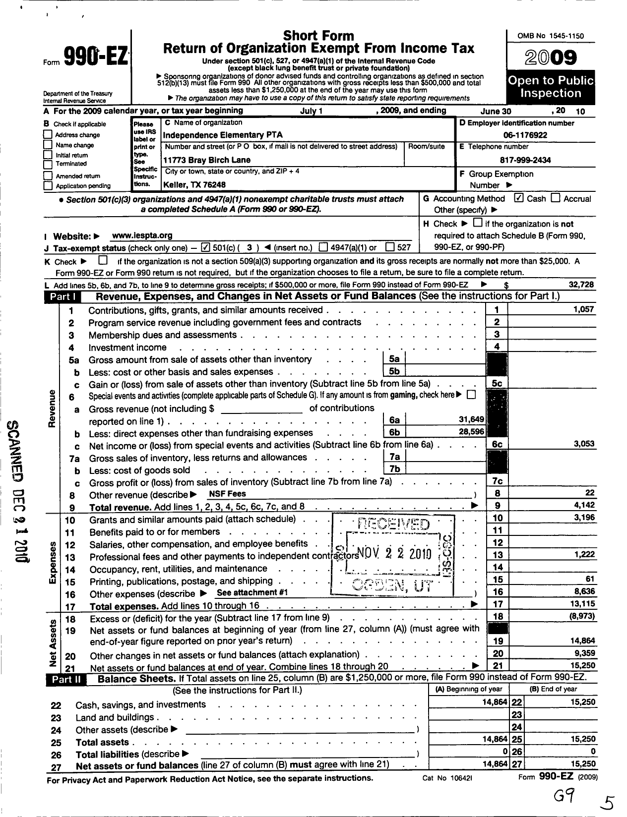 Image of first page of 2009 Form 990EZ for TEXAS PTA - Independence Elementary PTA