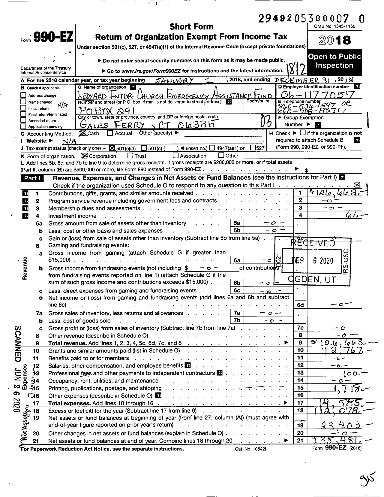 Image of first page of 2018 Form 990EZ for Ledyard Inter Church Emergency Assistance Fund