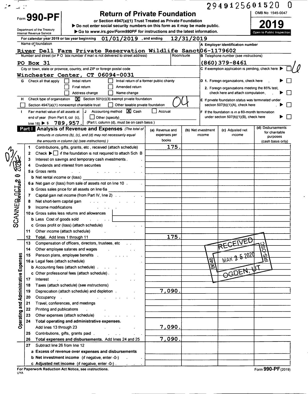 Image of first page of 2019 Form 990PR for River Dell Farm Private Reservation Wildlife Sanctuary and Education Foundation