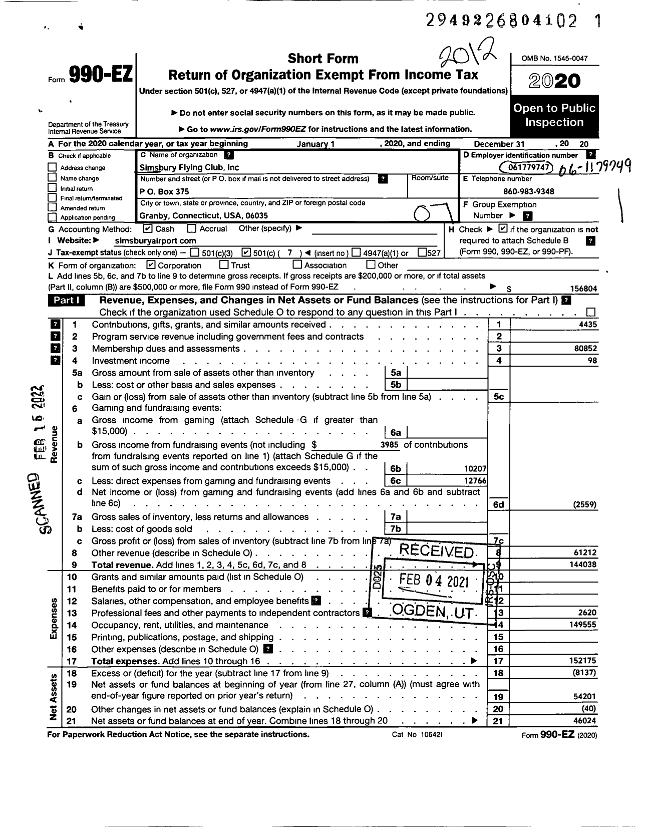 Image of first page of 2020 Form 990EO for Simsbury Airport Association