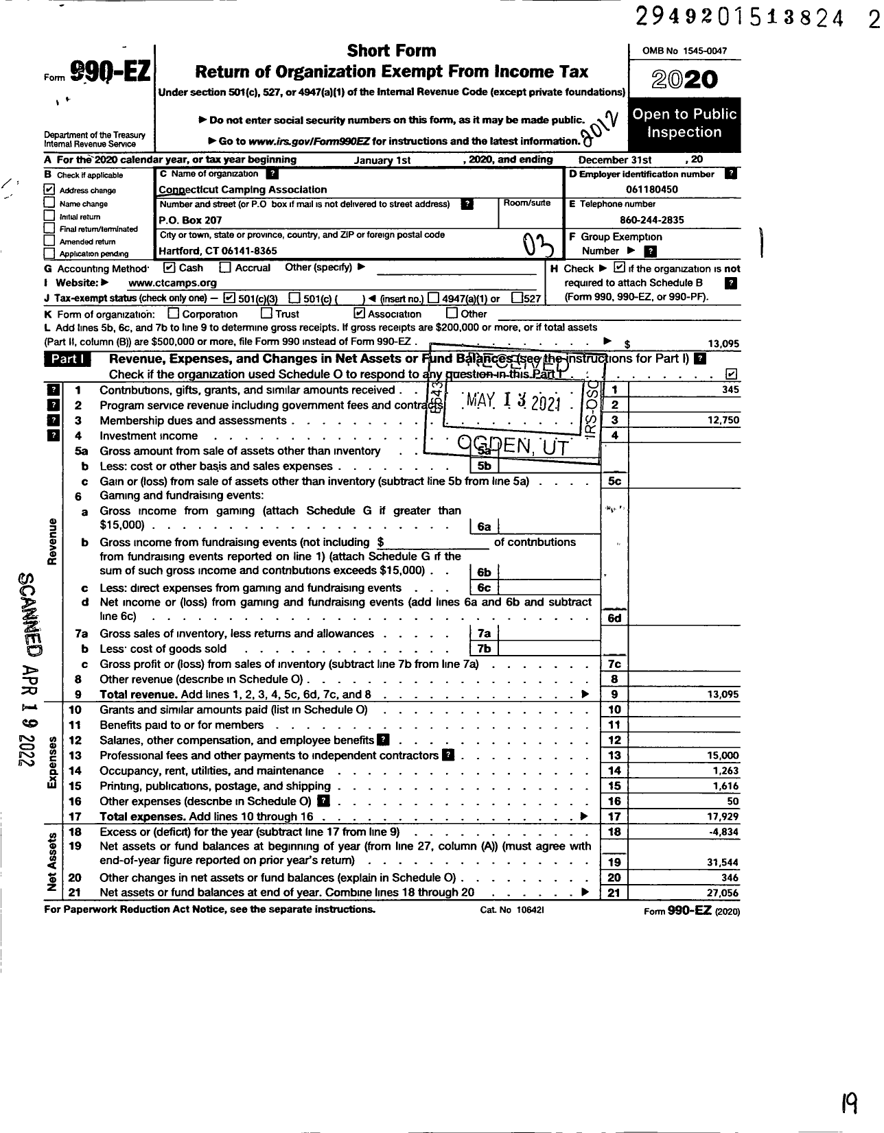 Image of first page of 2020 Form 990EZ for Connecticut Camping Association