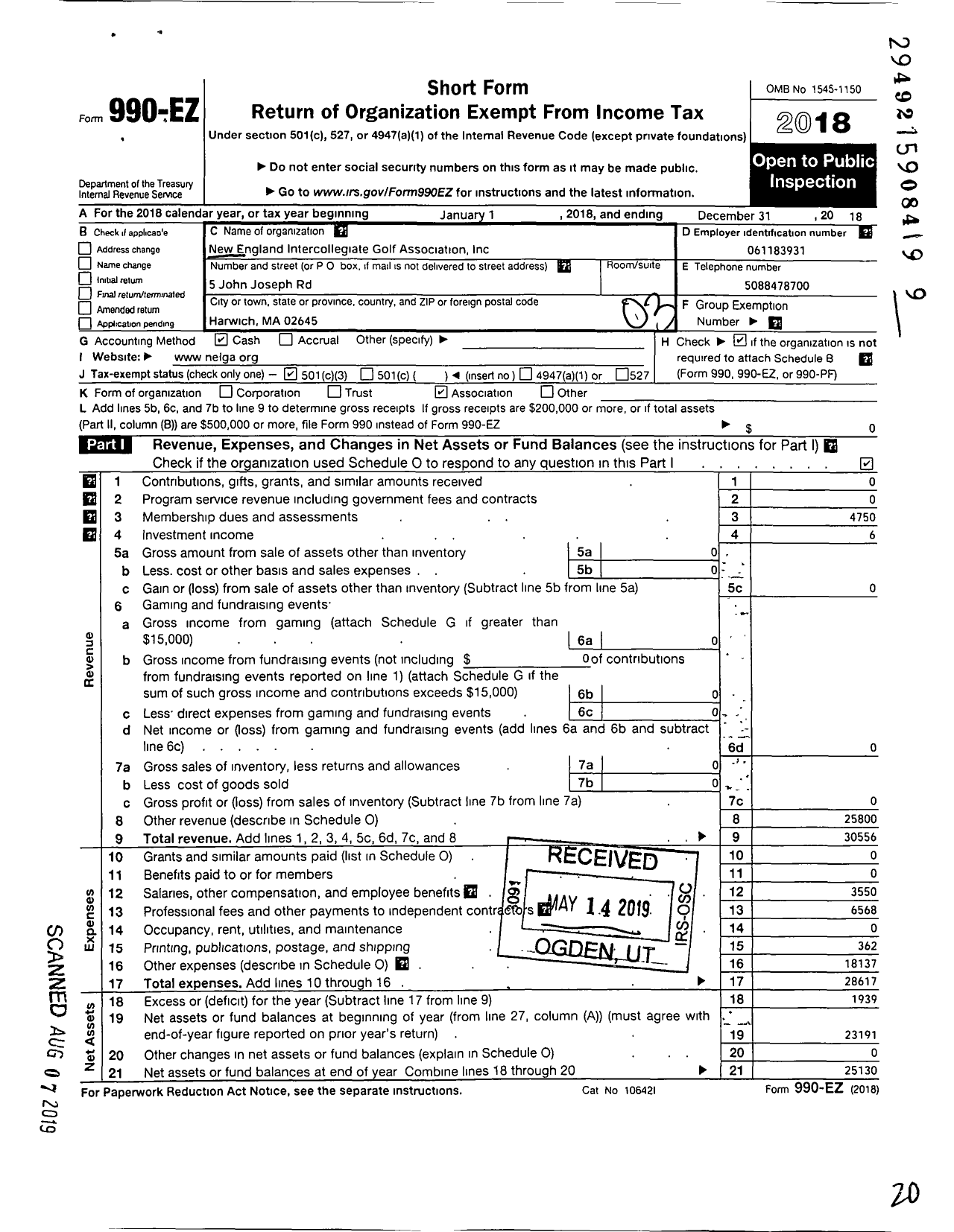 Image of first page of 2018 Form 990EZ for New England Intercollegiate Golf Association Incorporated