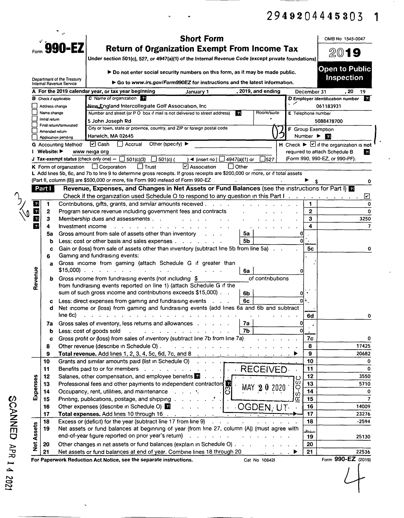 Image of first page of 2019 Form 990EZ for New England Intercollegiate Golf Association Incorporated