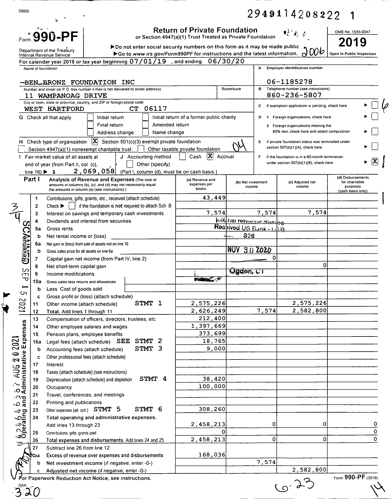 Image of first page of 2019 Form 990PF for Ben Bronz Foundation