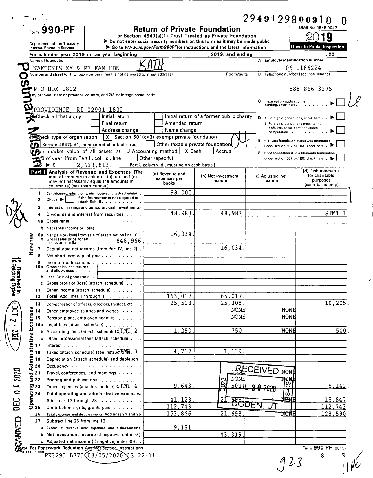 Image of first page of 2019 Form 990PF for Naktenis KM and Pe Family Foundation