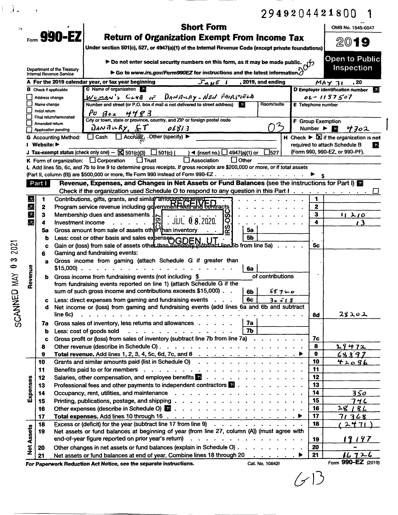 Image of first page of 2019 Form 990EZ for General Federation of Womens Clubs / Womens Club Danbury-New Fairfield