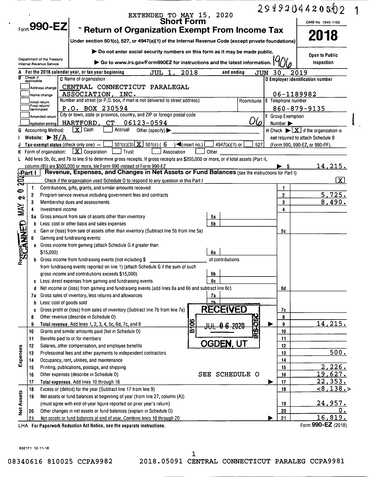 Image of first page of 2018 Form 990EO for Central Connecticut Paralegal Association