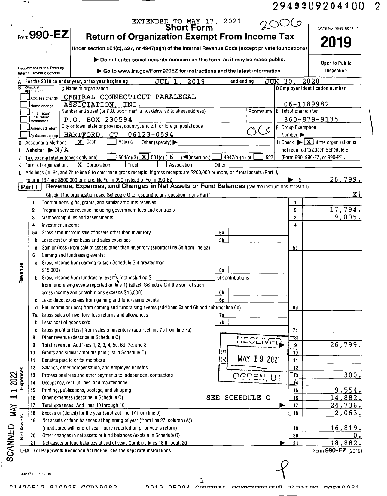 Image of first page of 2019 Form 990EO for Central Connecticut Paralegal Association